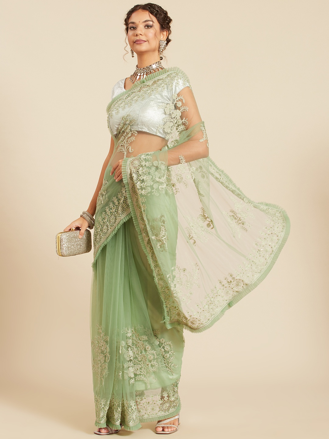 

all about you Green Floral Beads and Stones Net Saree