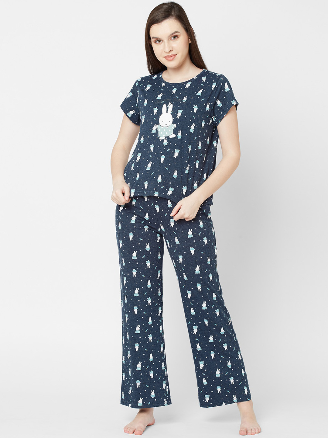 

Sweet Dreams Women Navy Blue & White Printed Night suit
