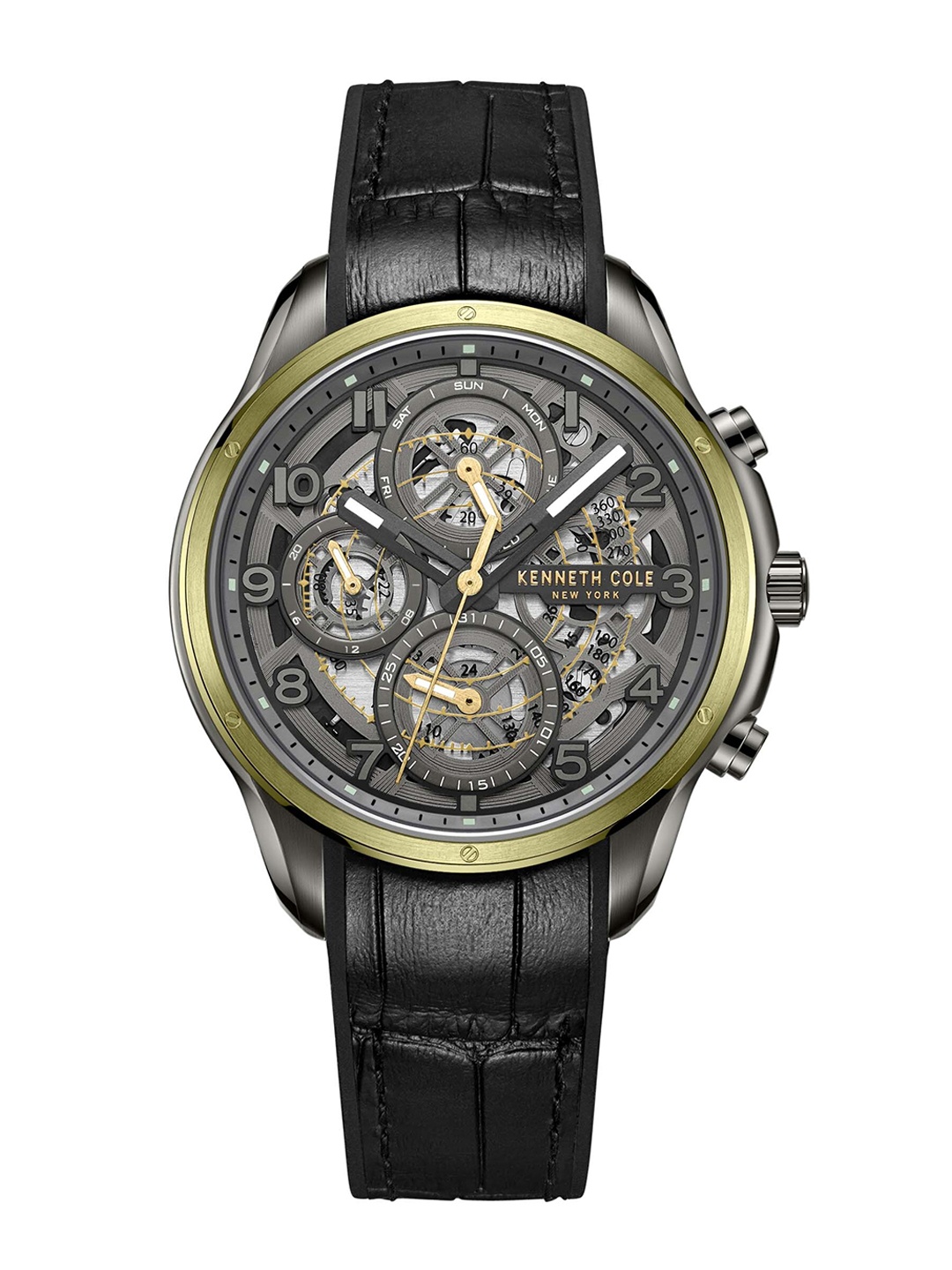 

Kenneth Cole Men Gunmetal-Toned Skeleton Dial & Black Leather Straps Analogue Multi Function Watch, Grey