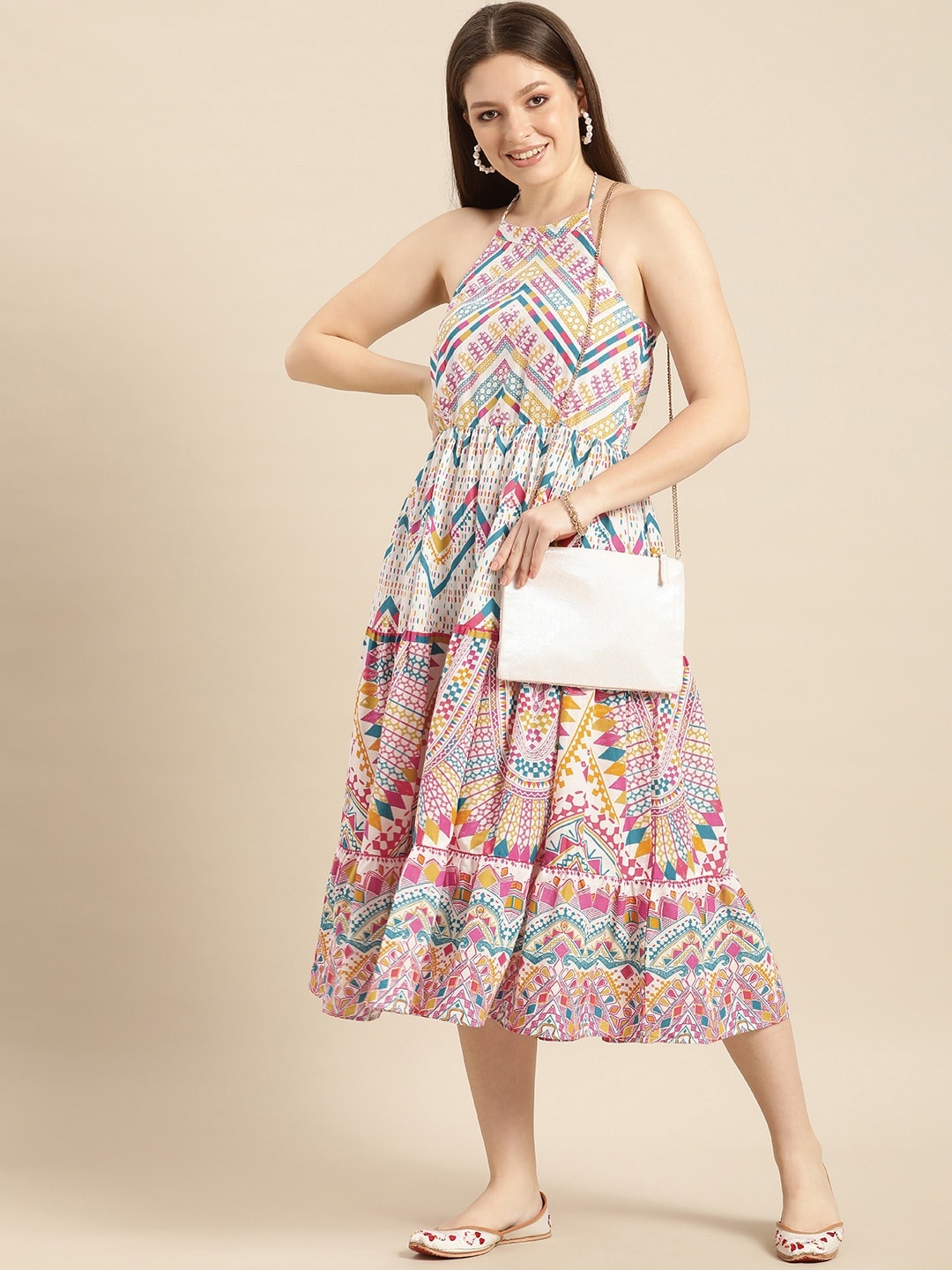 

Anouk Multicoloured Ethnic Motifs Halter Neck Pure Cotton A-Line Midi Dress, Multi