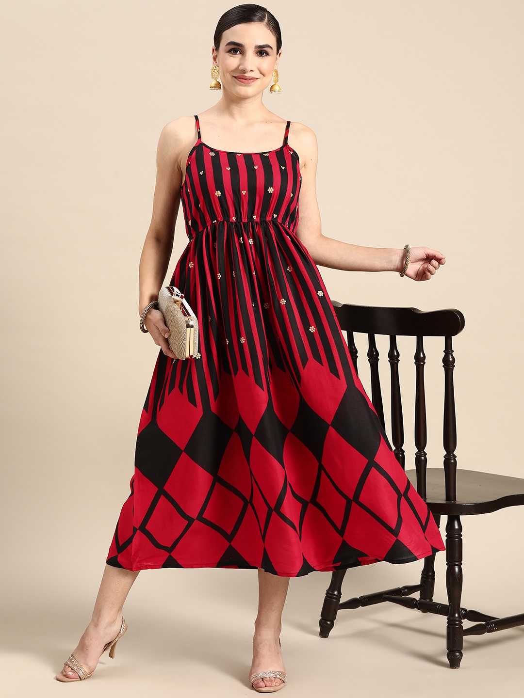 

Anouk Red & Black Printed A-Line Midi Dress