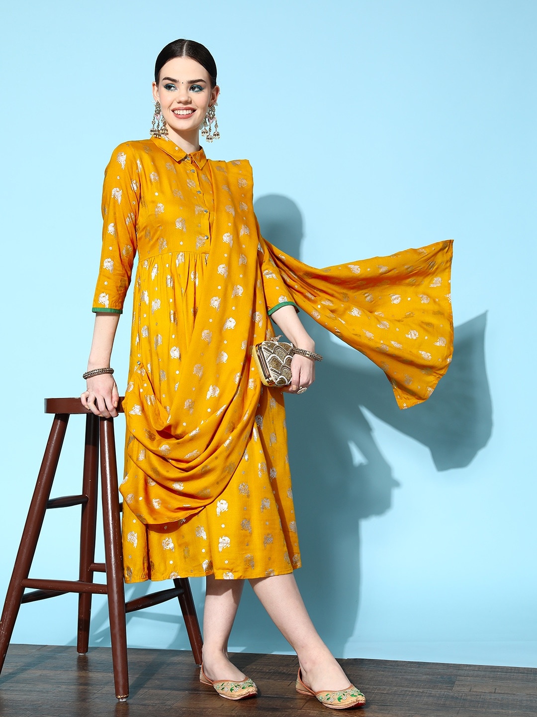 

Anouk Mustard Yellow & Golden Ethnic Motifs A-Line Dress with Detachable Dupatta