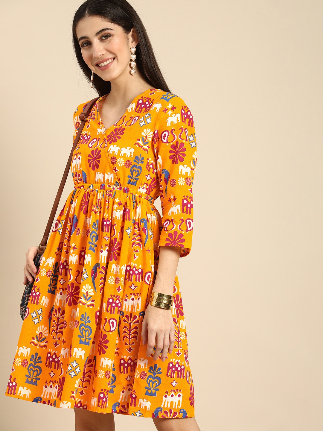 

Anouk Yellow Banno Collection Tribal Print Wrap Style Pure Cotton Dress