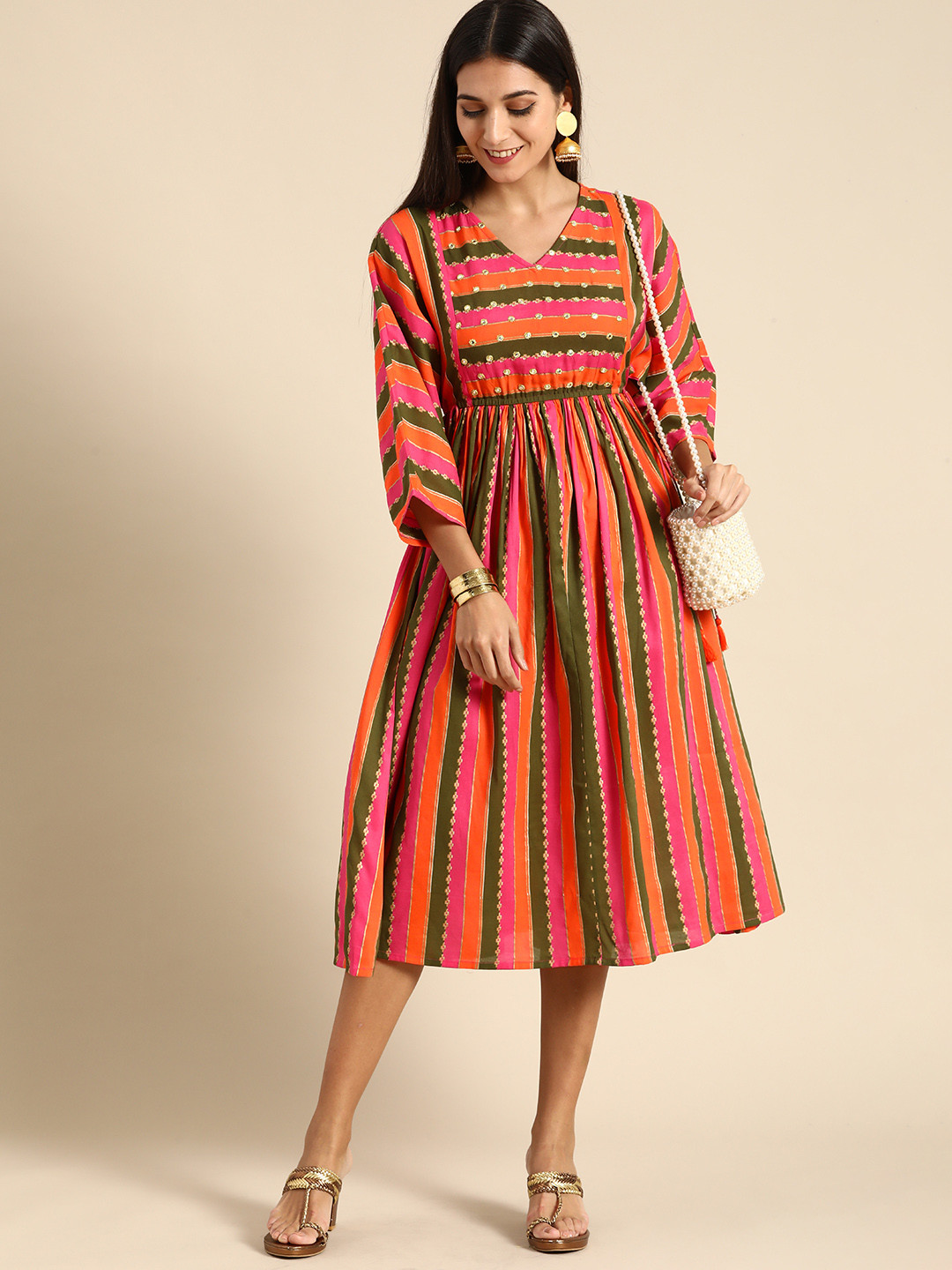

Anouk Women Pink & Orange Striped V-Neck Fit And Flare Ethnic Midi Dress