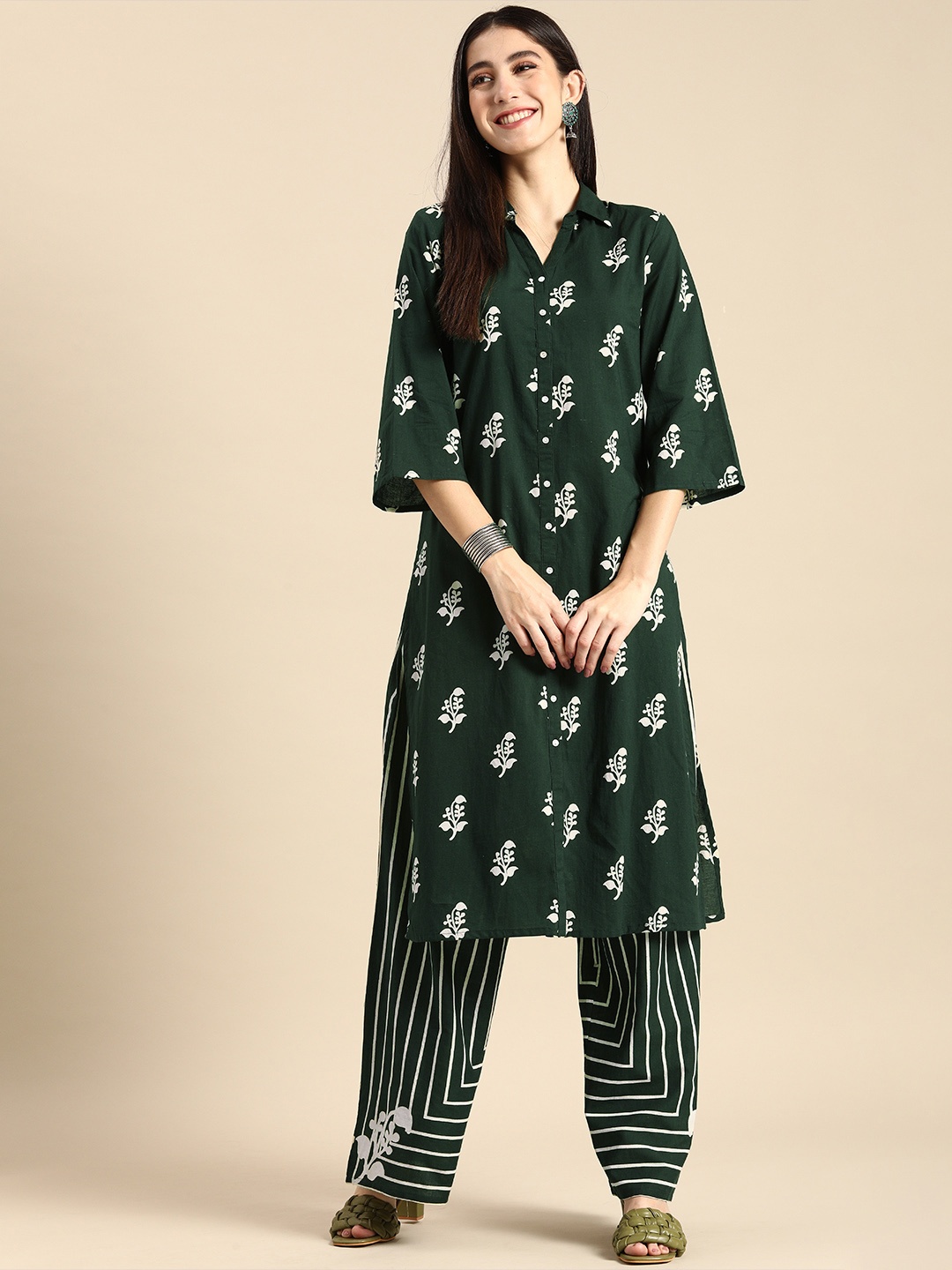 

Anouk Women Green & White Ethnic Motifs Printed Pure Cotton Kurta with Palazzos