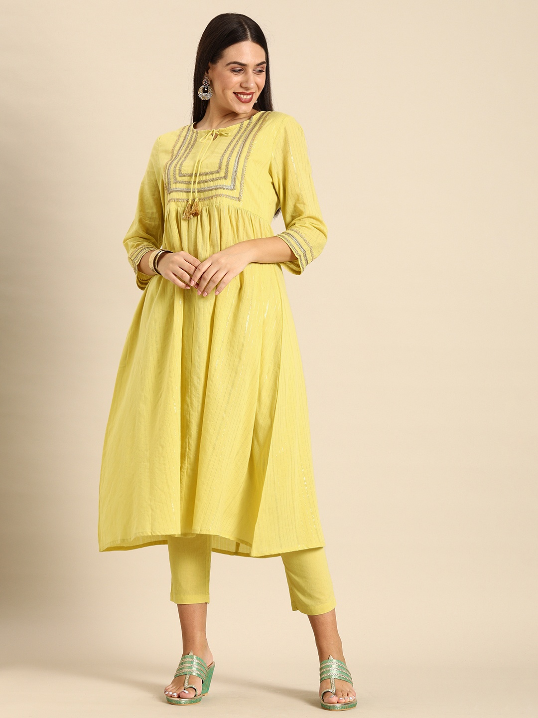 

Anouk Women Lime Green Gotta Patti Yoke design Pure Cotton Kurta with Trousers