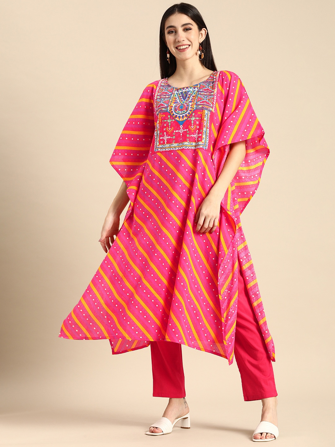 

Anouk Women Red & White Striped Printed Pure Cotton Kaftan Kurta with Trousers