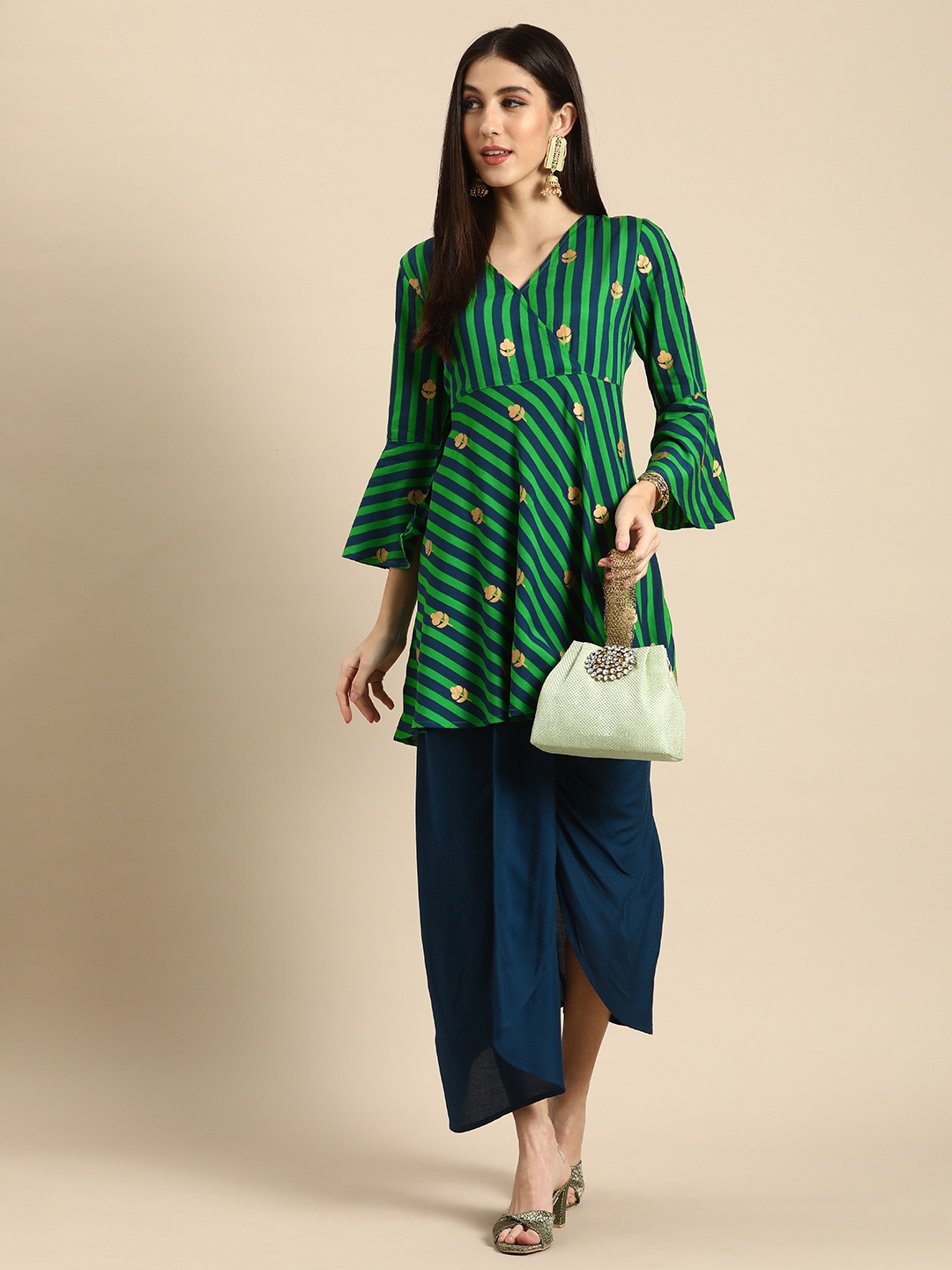 

Anouk Women Green & Navy Blue Striped Kurta with Dhoti Pants