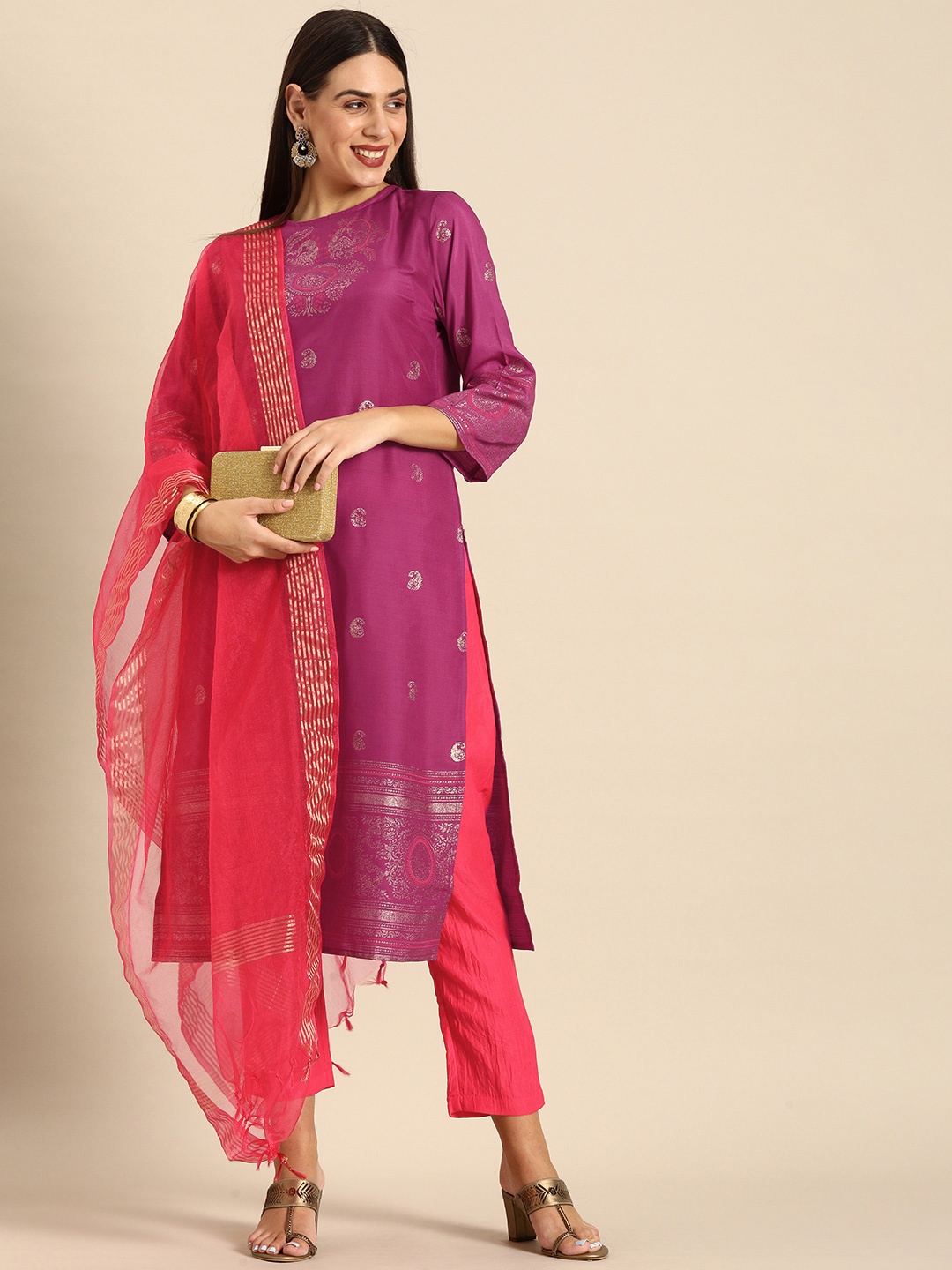 

Anouk Women Purple & Golden Paisley Foil Printed Kurta with Trousers & Dupatta