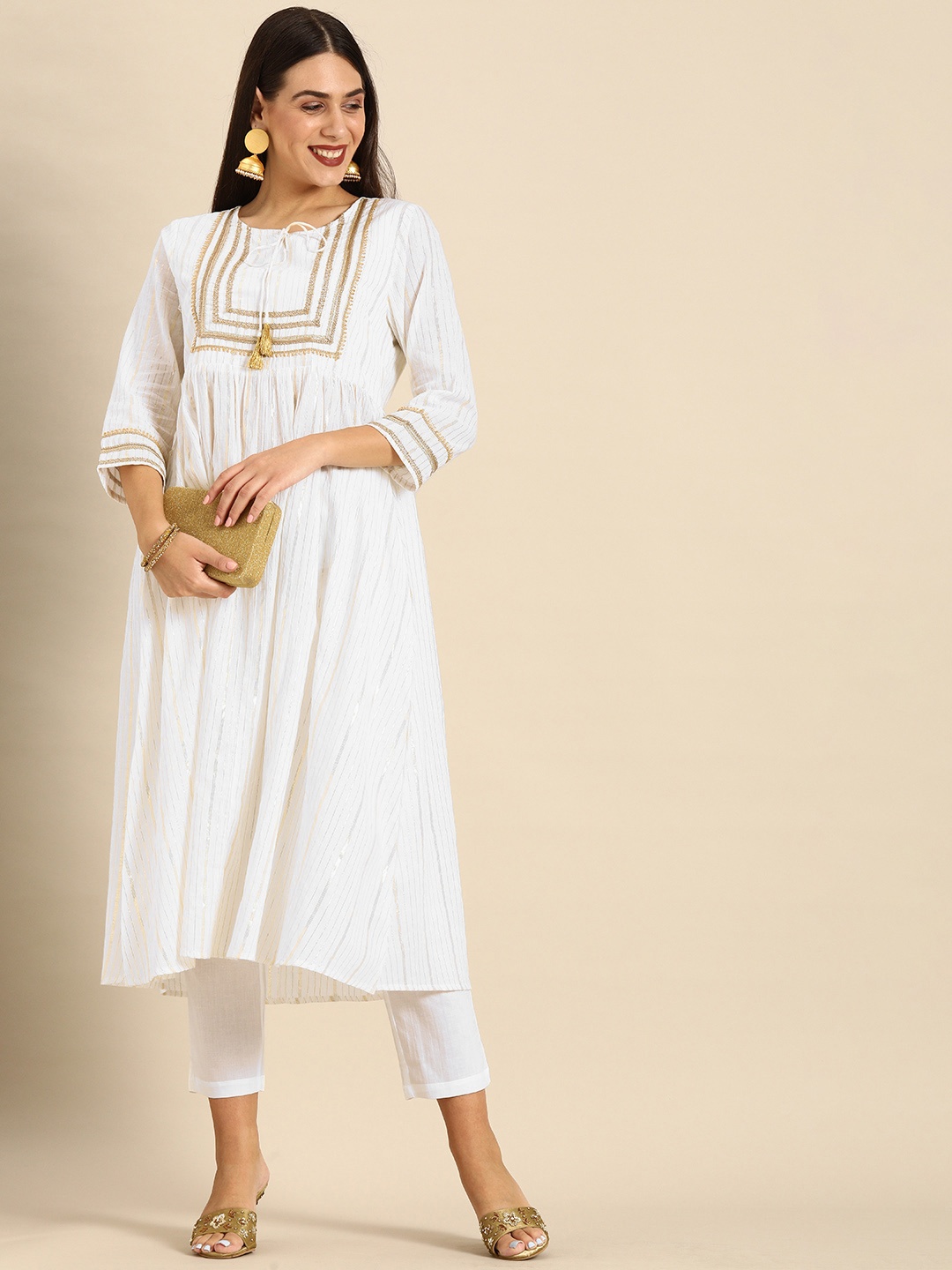 

Anouk Women White & Gold Yoke Design Gotta Patti Pure Cotton Kurta with Trousers