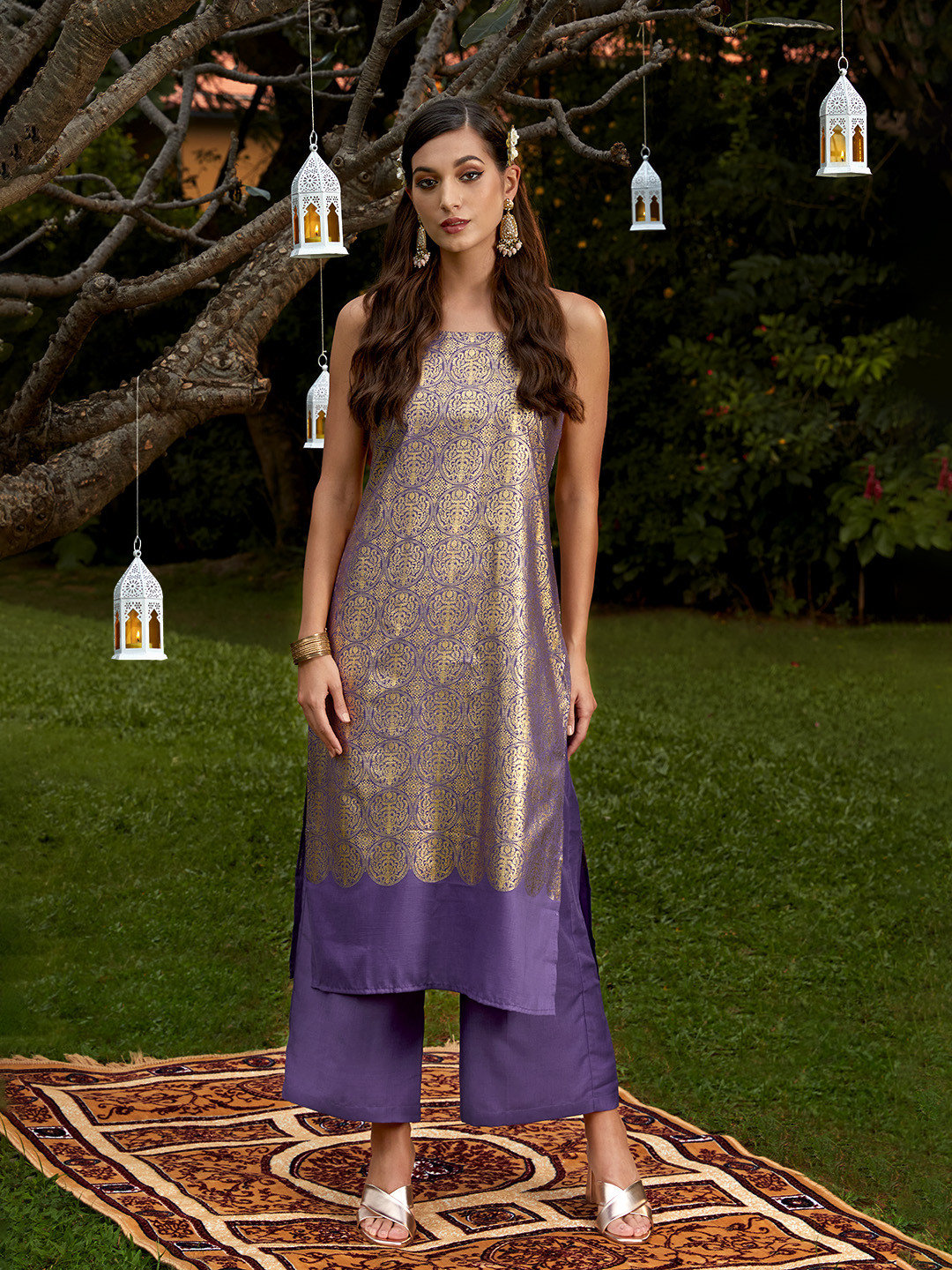 

Anouk Women Purple Ethnic Motifs Foil Printed Kurta with Palazzos