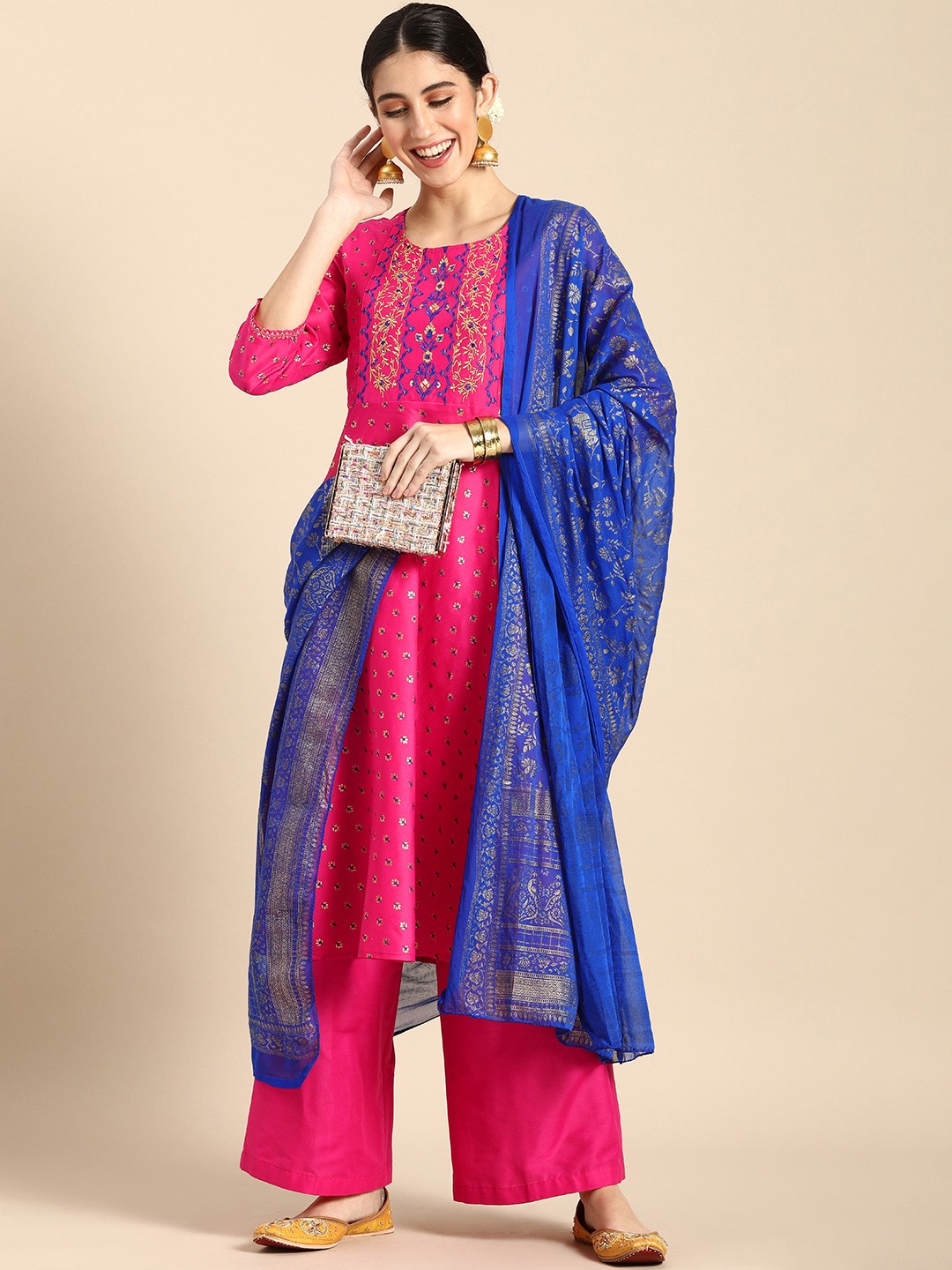 

Anouk Women Pink Ethnic Motifs Foil Printed Kurta with Palazzos & With Dupatta