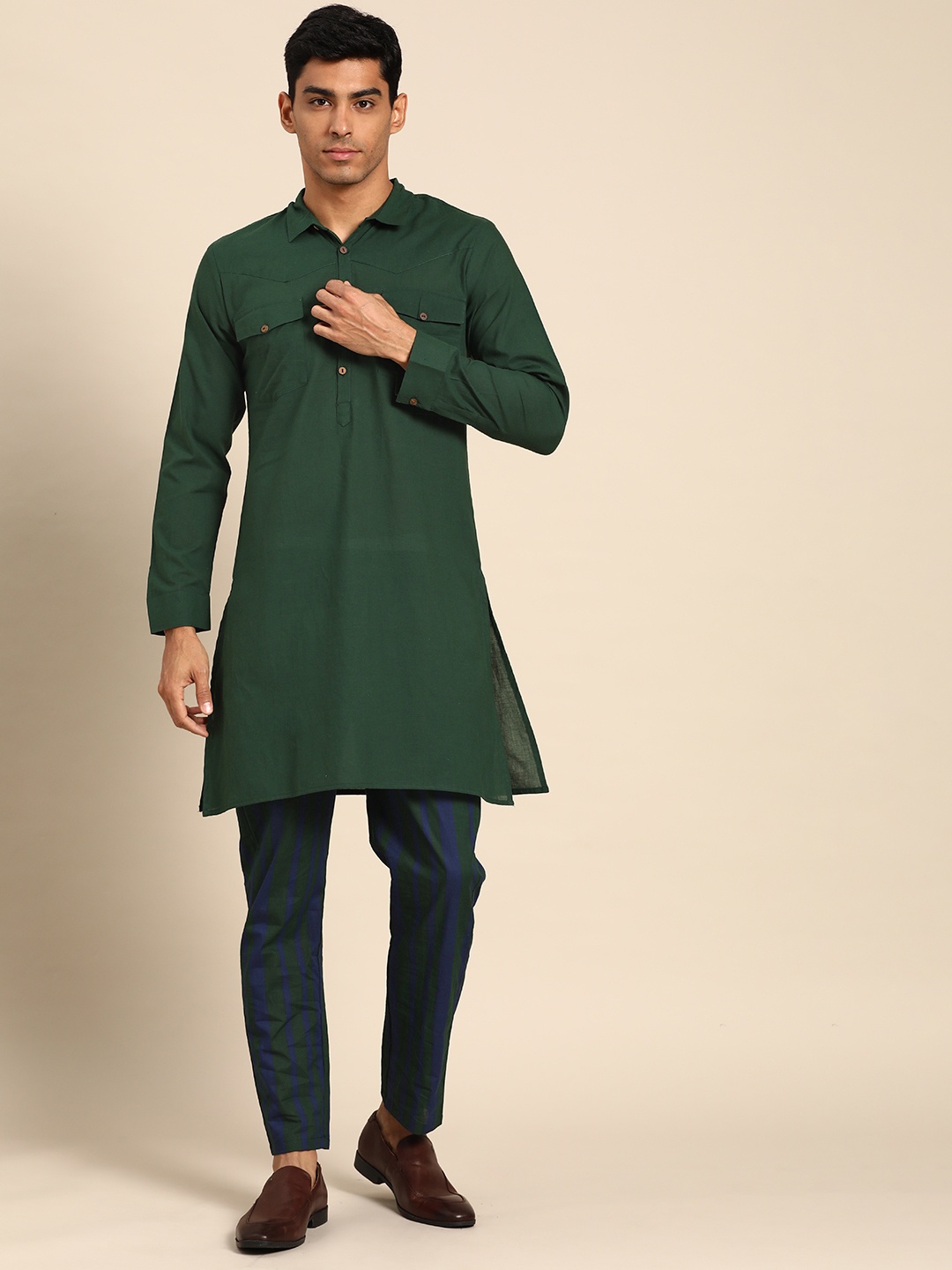 

Anouk Men Pure Cotton Pathani Kurta with Trousers, Green