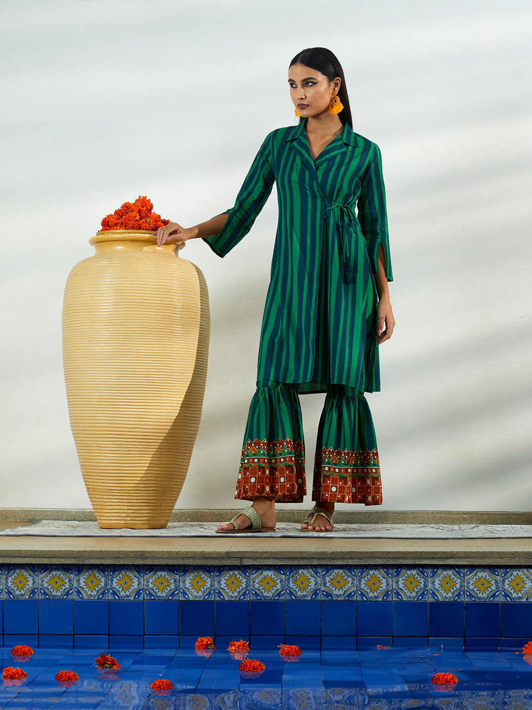 

Anouk Women Blue And Sea Green Striped Pure Cotton Tie-Up Kurta with Sharara