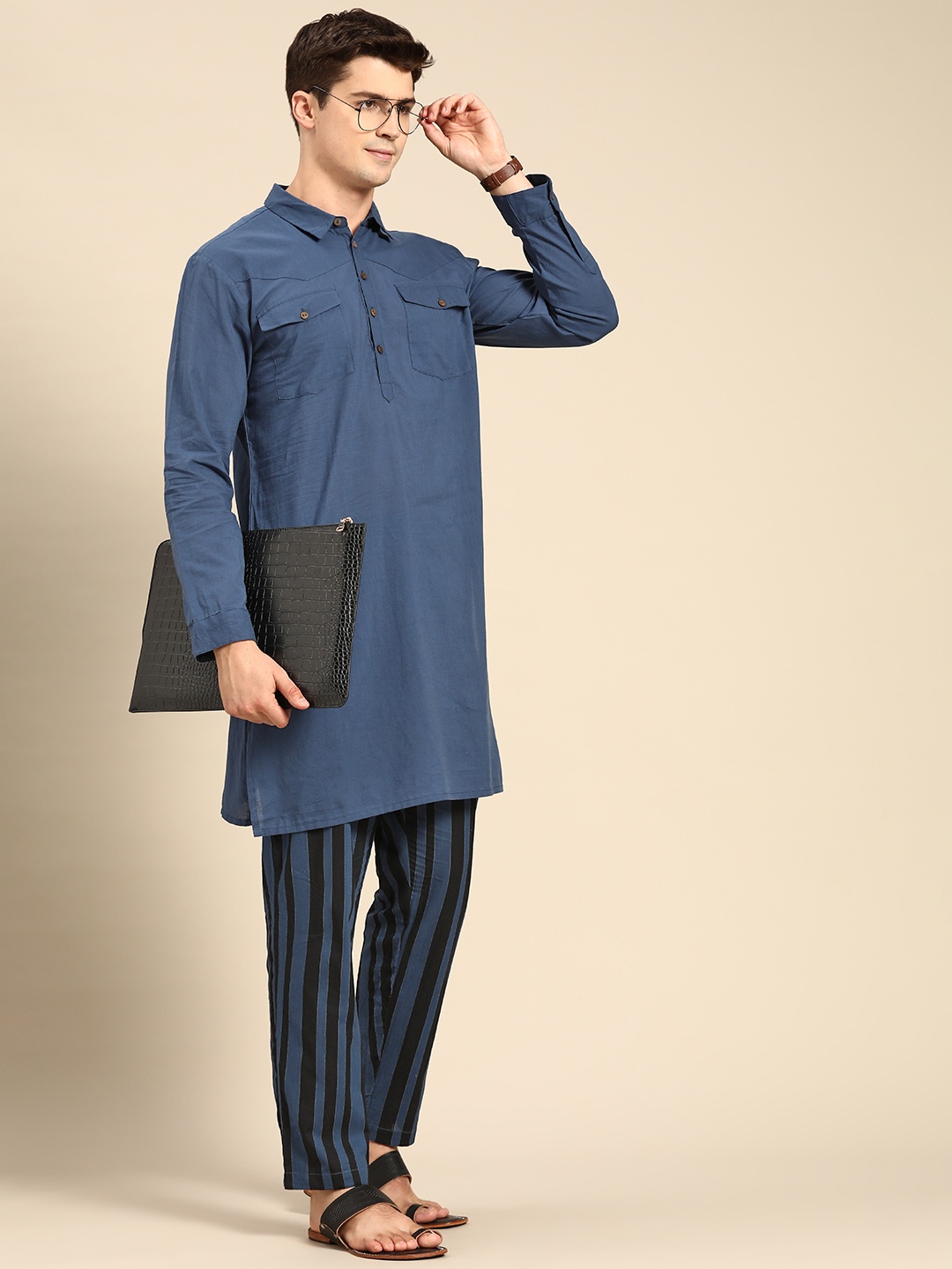 

Anouk Men Navy Blue Pure Cotton Kurta with Trousers