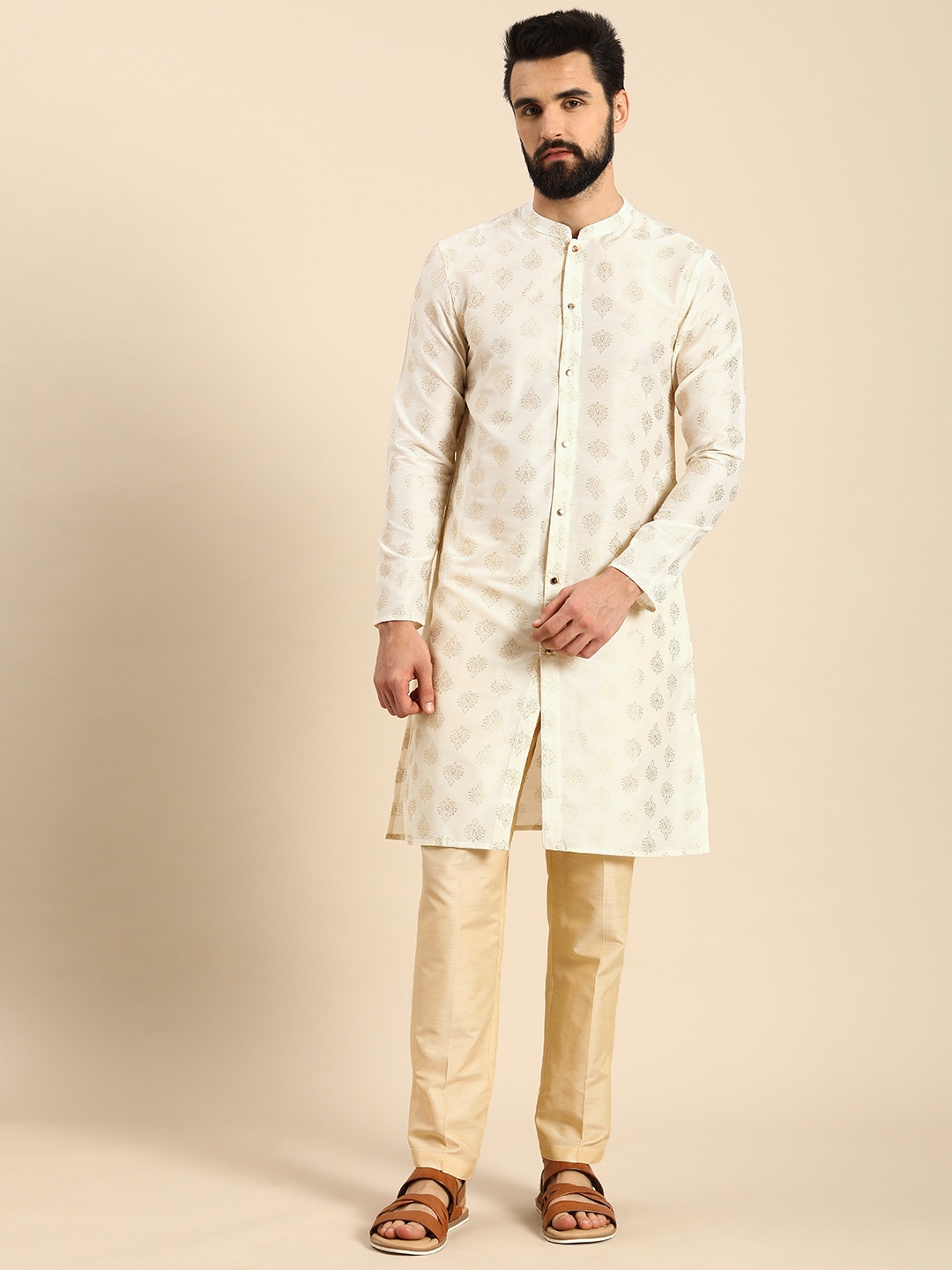 

Anouk Men Beige & Gold-Toned Printed Kurta with Trousers