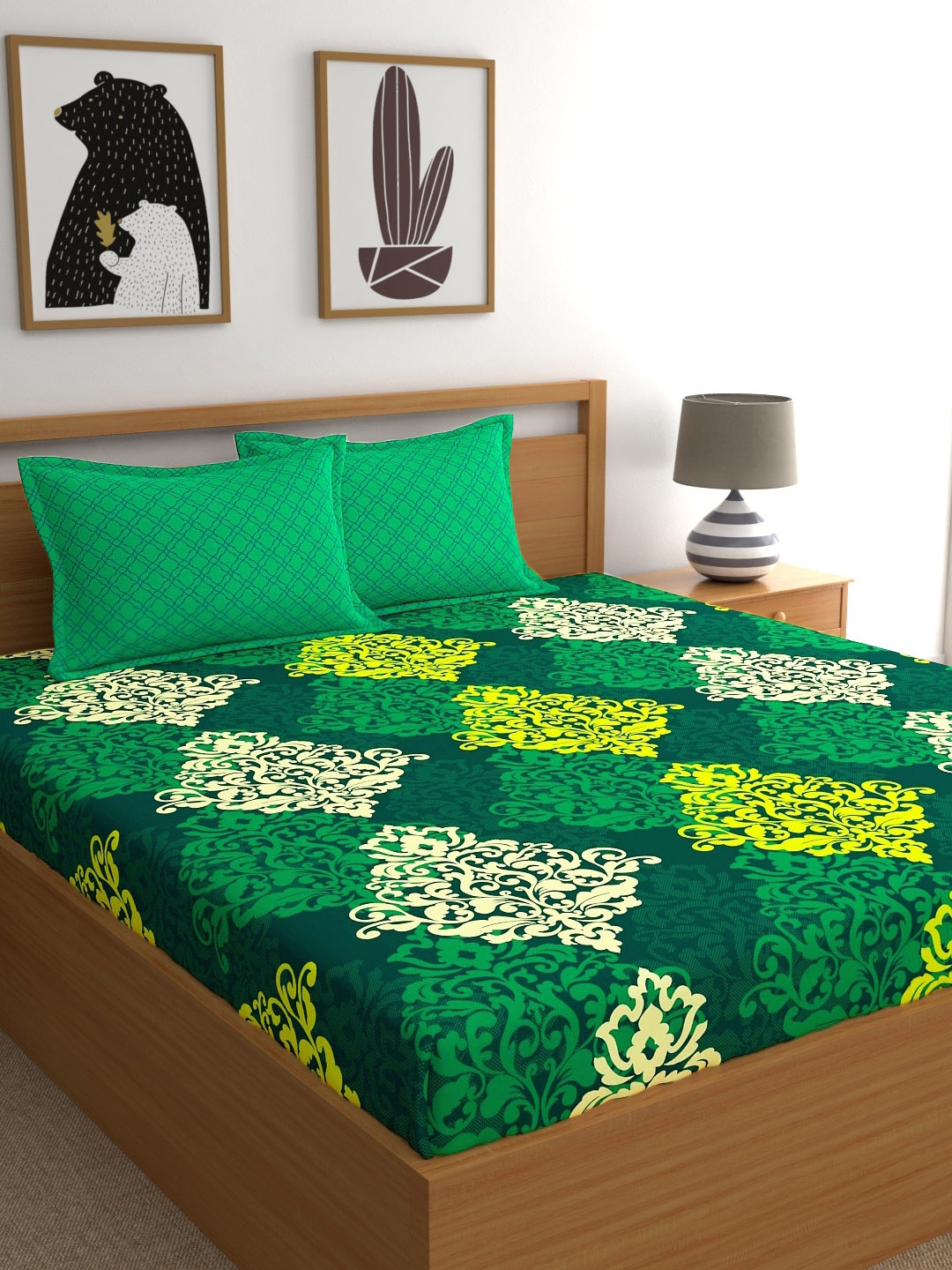 

My Room Green Ethnic 140TC King Fitted Bedsheet with 2 Pillow Covers