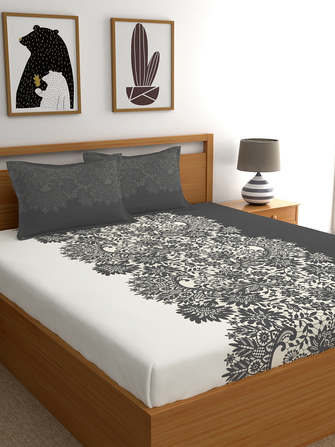 

My Room Ethnic Print 144 TC Super King Bedsheet with 2 Pillow Covers, Grey
