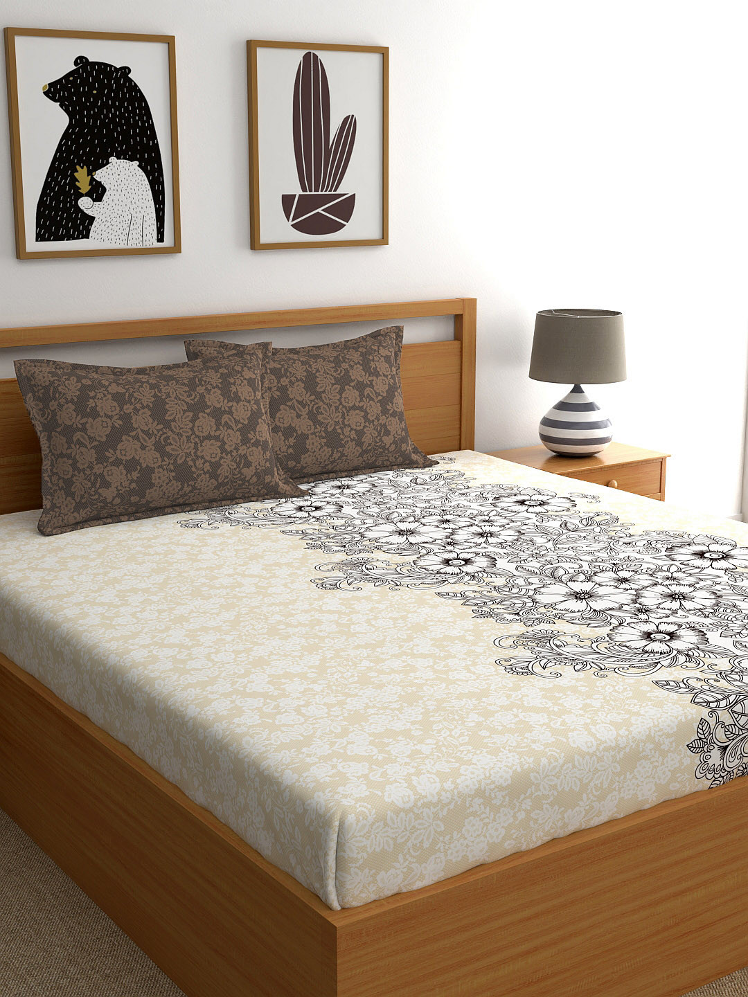 

My Room White & Brown Floral Cotton 140 TC Super King Bedsheet with 2 Pillow Covers