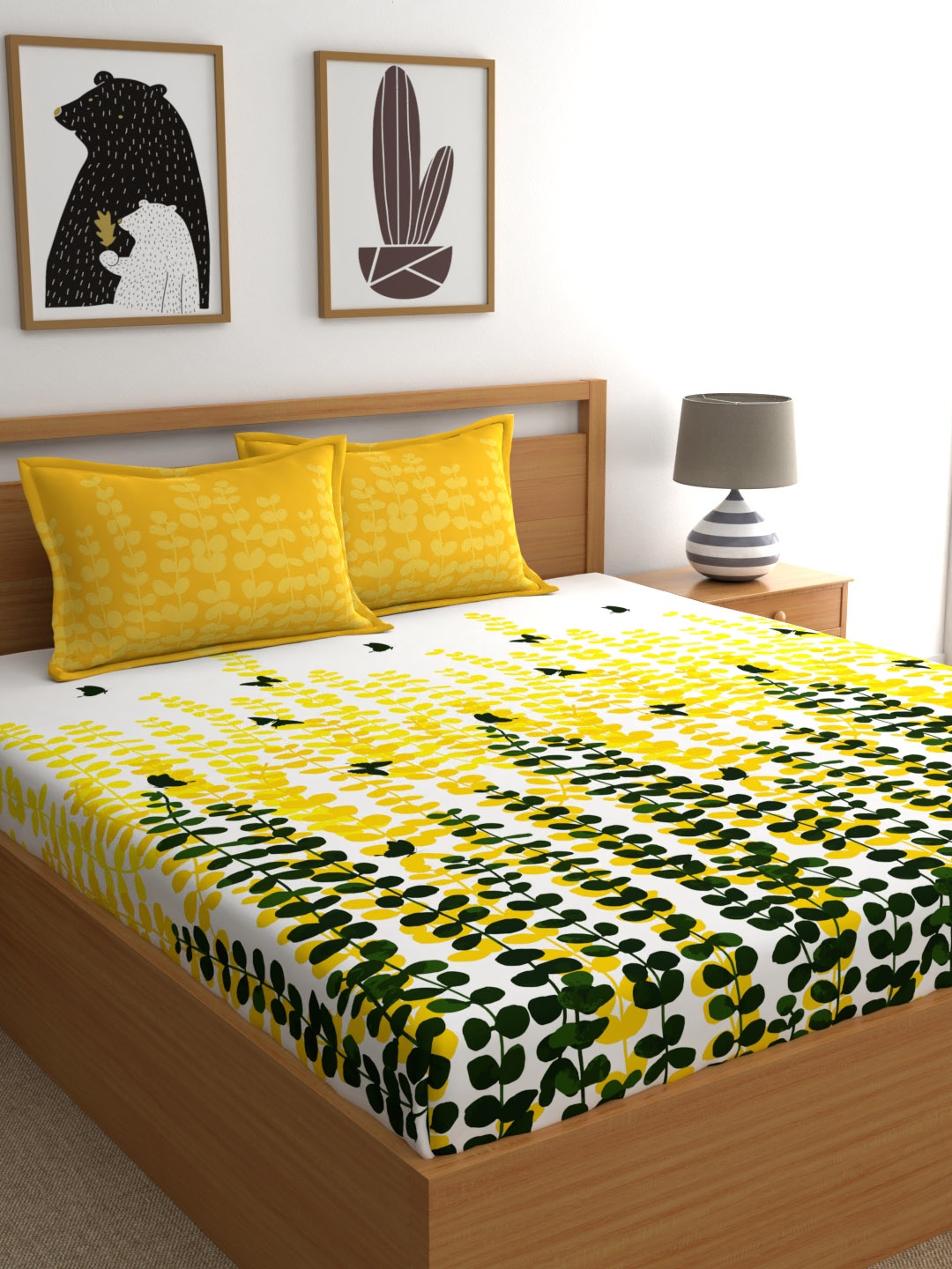 

My Room Yellow & Green Floral 140 TC King Bedsheet with 2 Pillow Covers