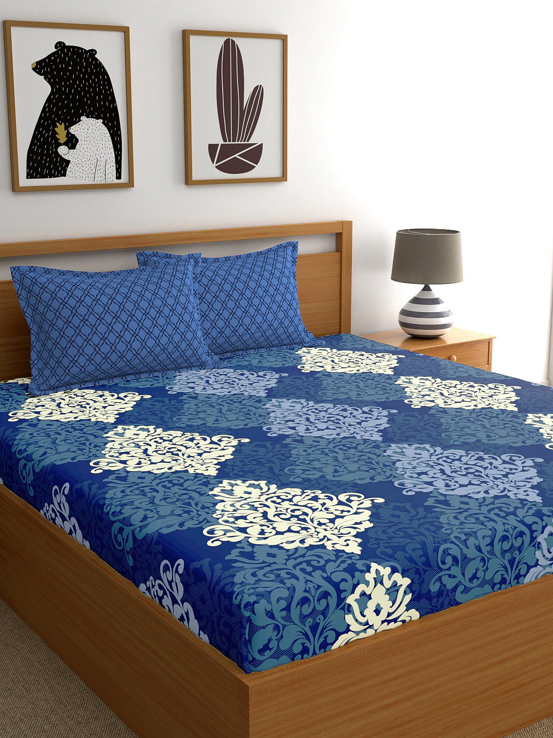 

My Room Navy Blue Ethnic Printed 144 TC Super King Bedsheet with 2 Pillow Covers
