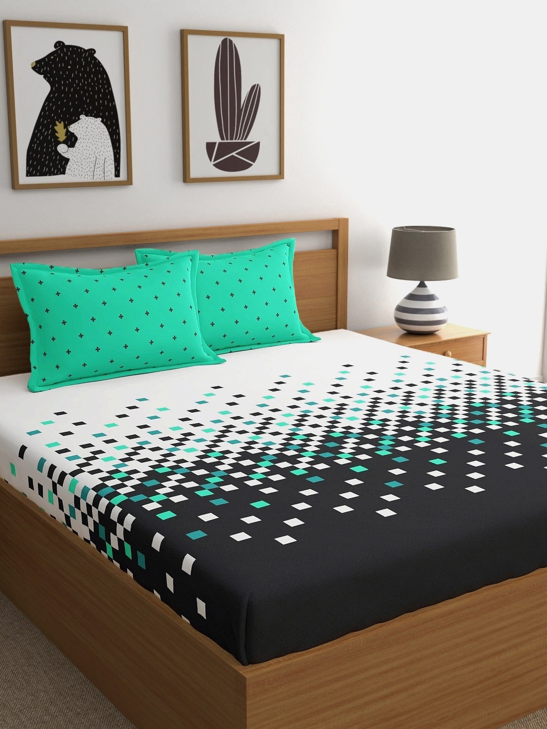 

My Room Grey & Green Geometric 140 TC King Bedsheet with 2 Pillow Covers