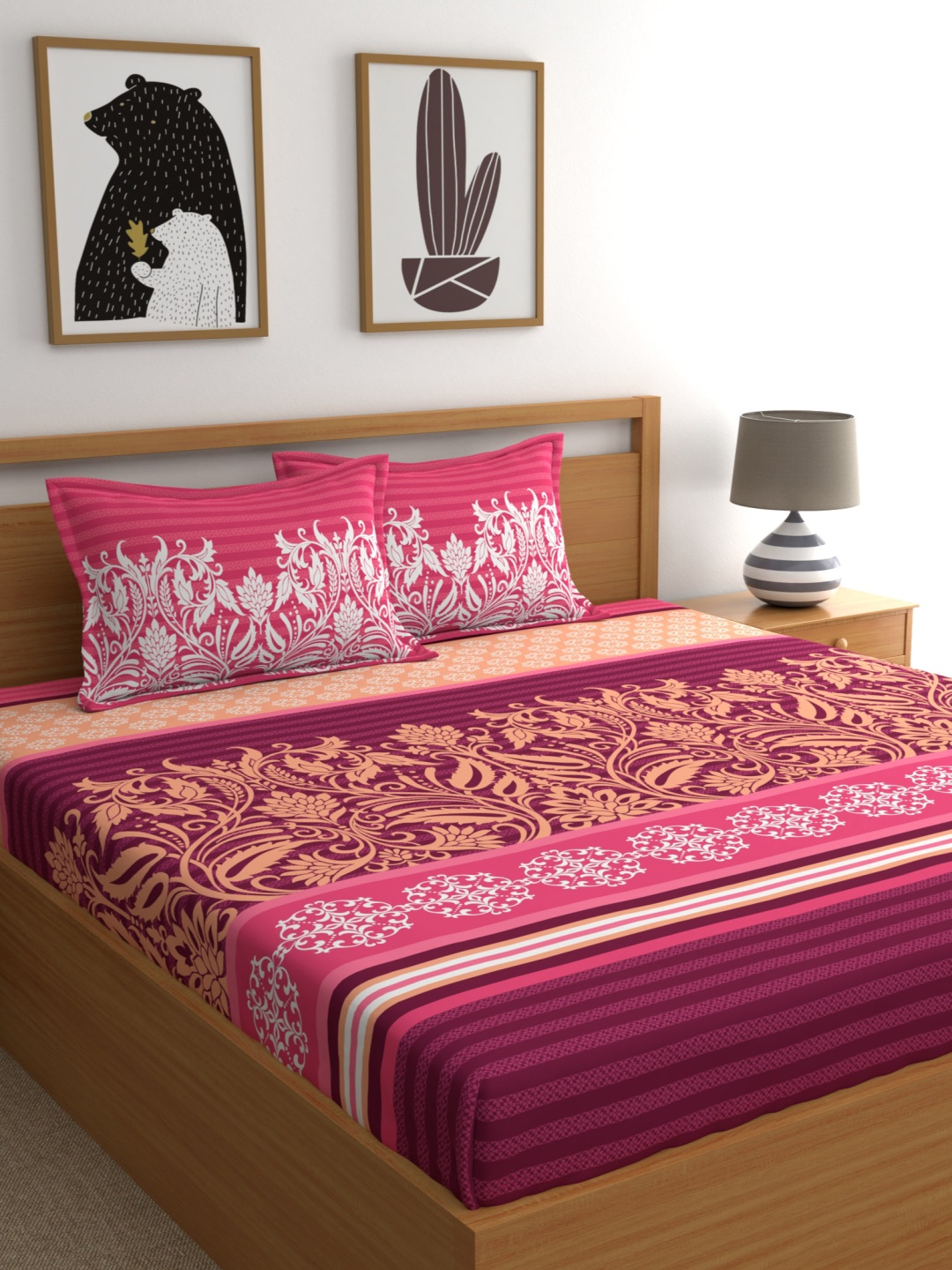 

My Room Pink & White Ethnic Motifs 140 TC Super King Bedsheet with 2 Pillow Covers