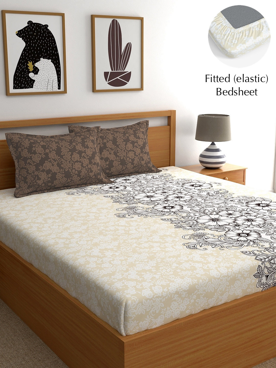 

My Room Brown & White Floral 140 TC King Bedsheet with 2 Pillow Covers