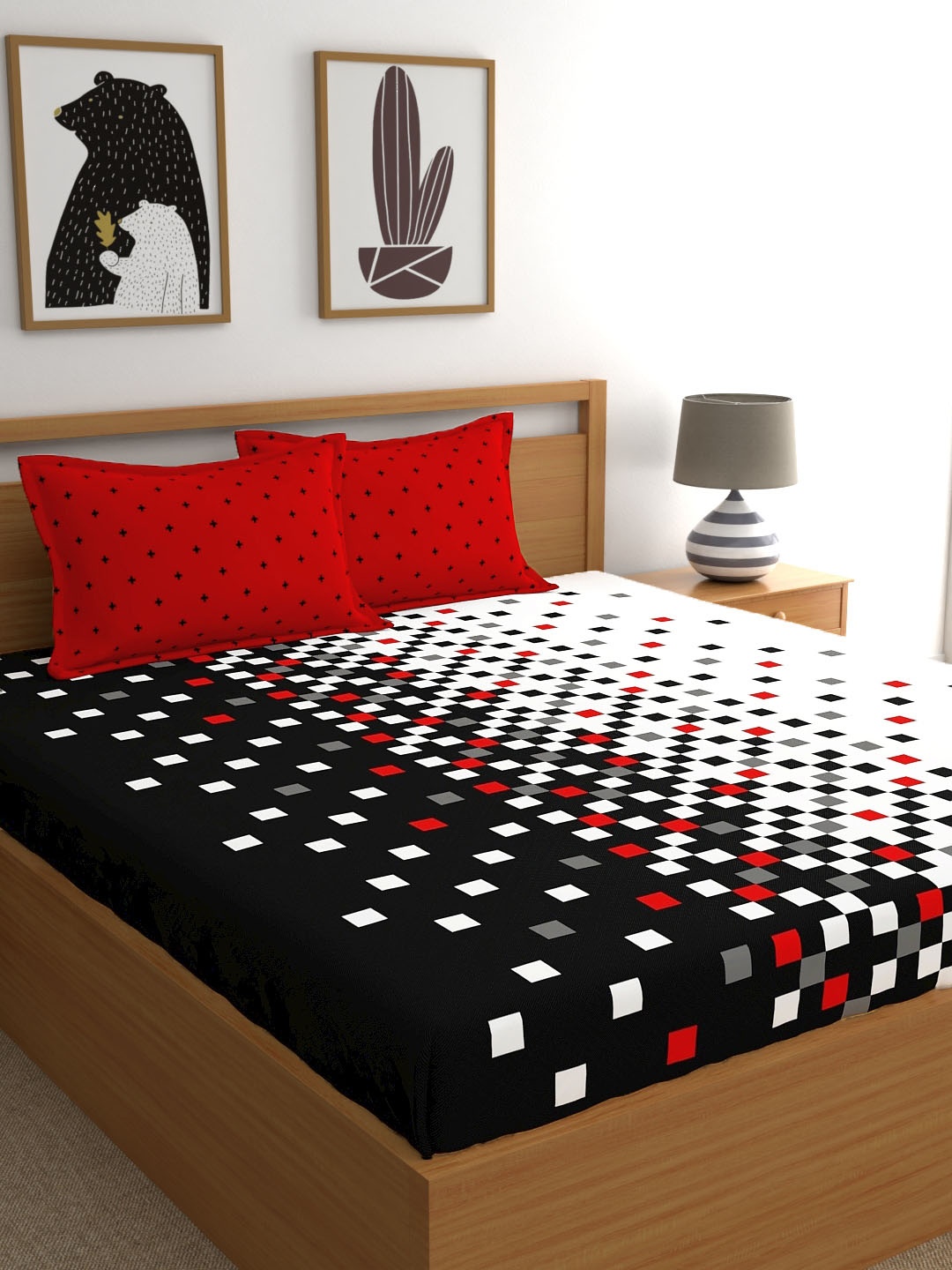 

My Room Black & Red Geometric 140 TC King Bedsheet with 2 Pillow Covers