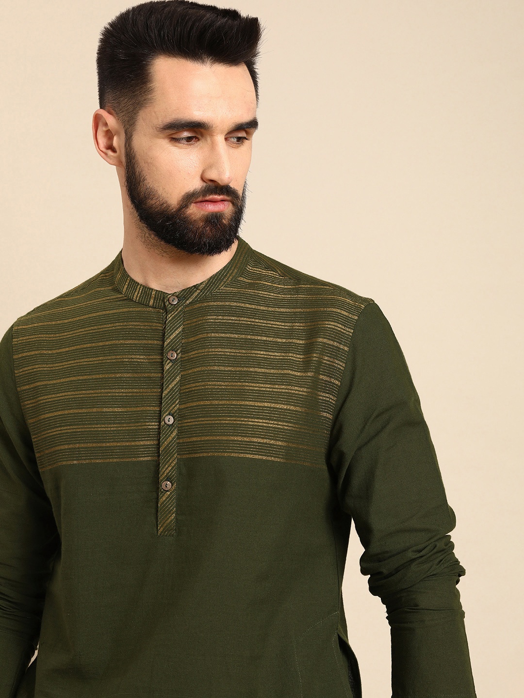 Anouk Men Olive Green Striped Pure Cotton Kurta