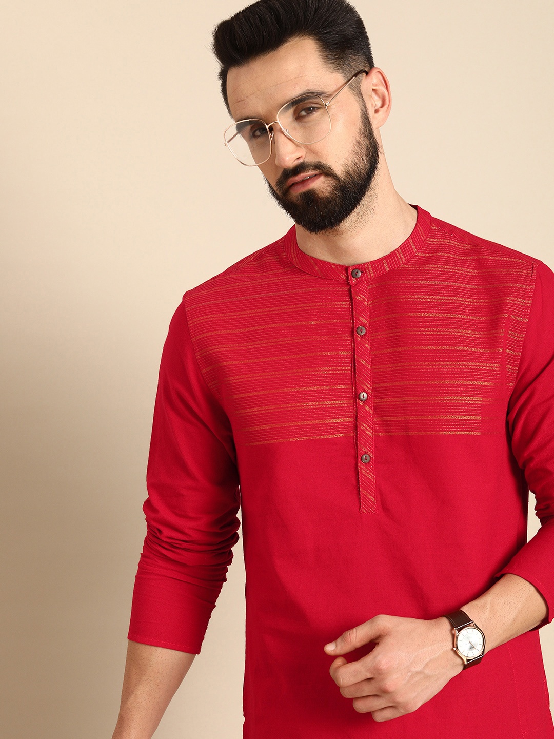 

Anouk Men Red Striped Pure Cotton Kurta