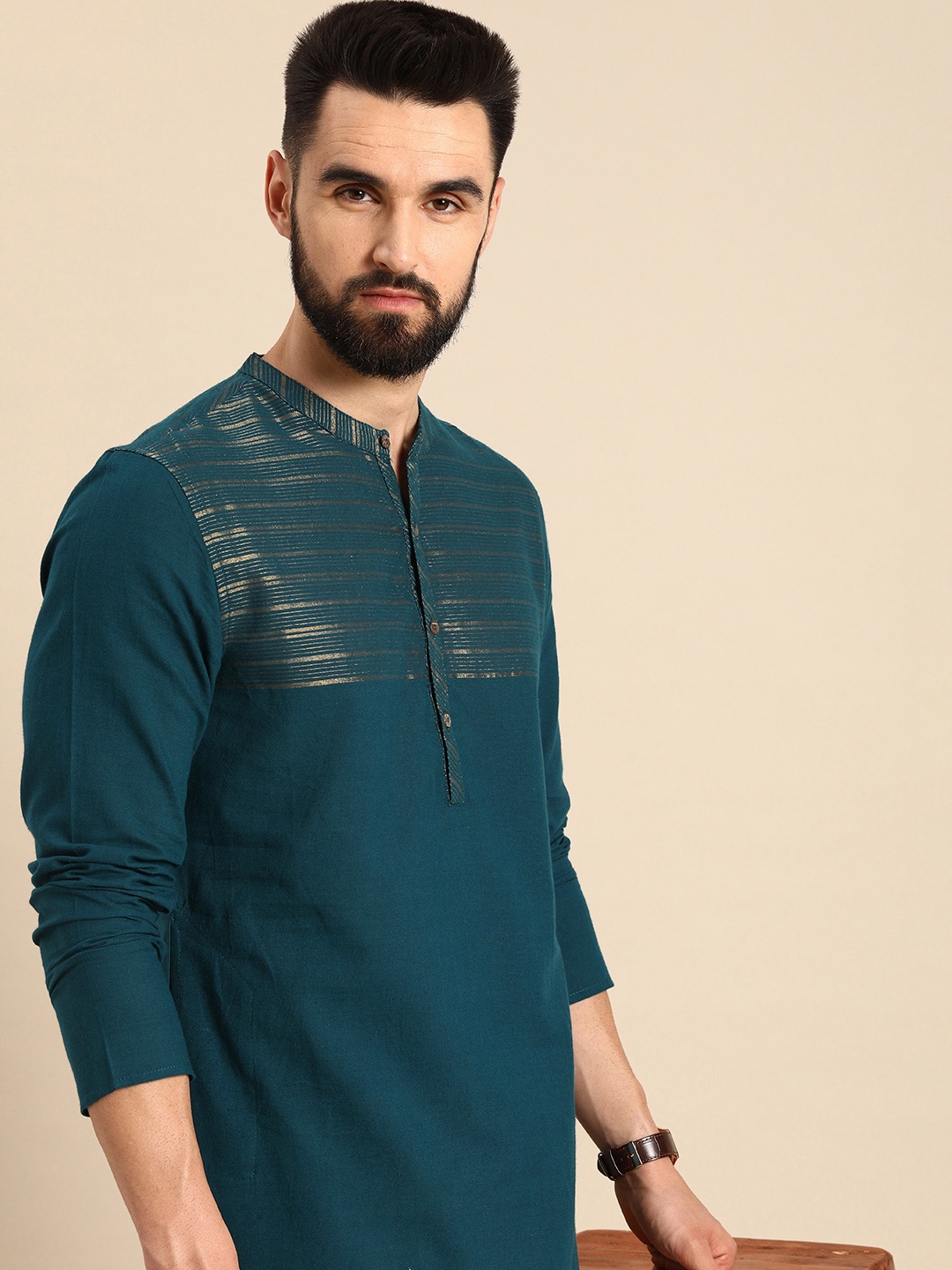 

Anouk Men Teal Blue Striped Pure Cotton Kurta
