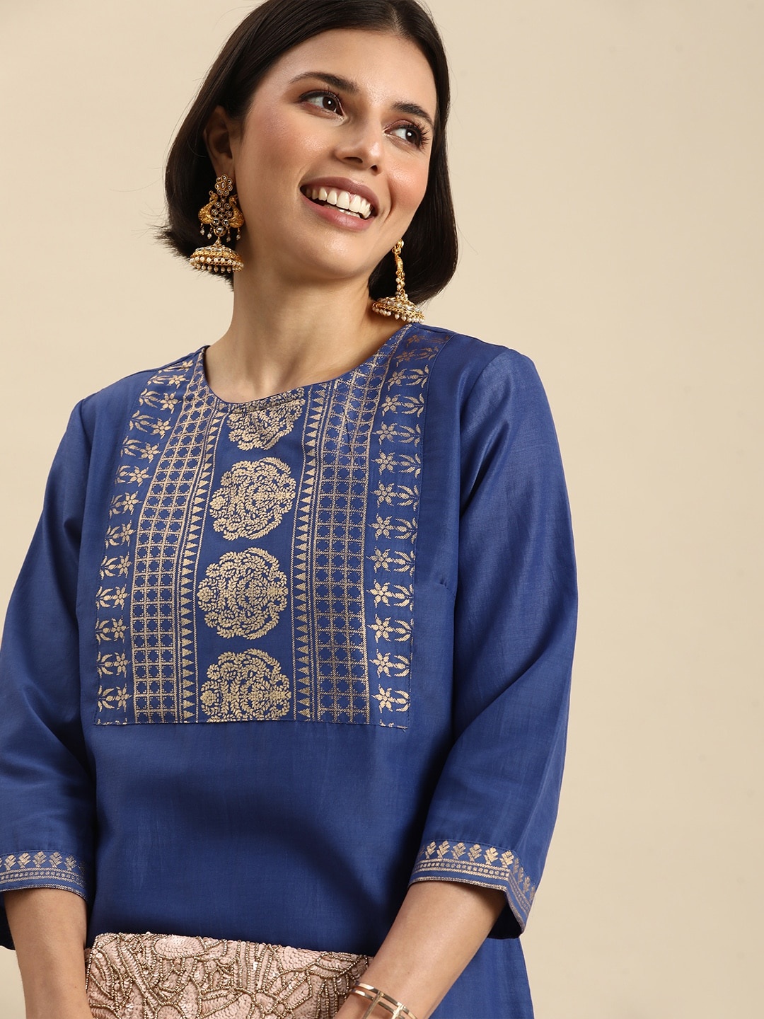 

Anouk Women Blue Ethnic Motifs Yoke Design Kurta