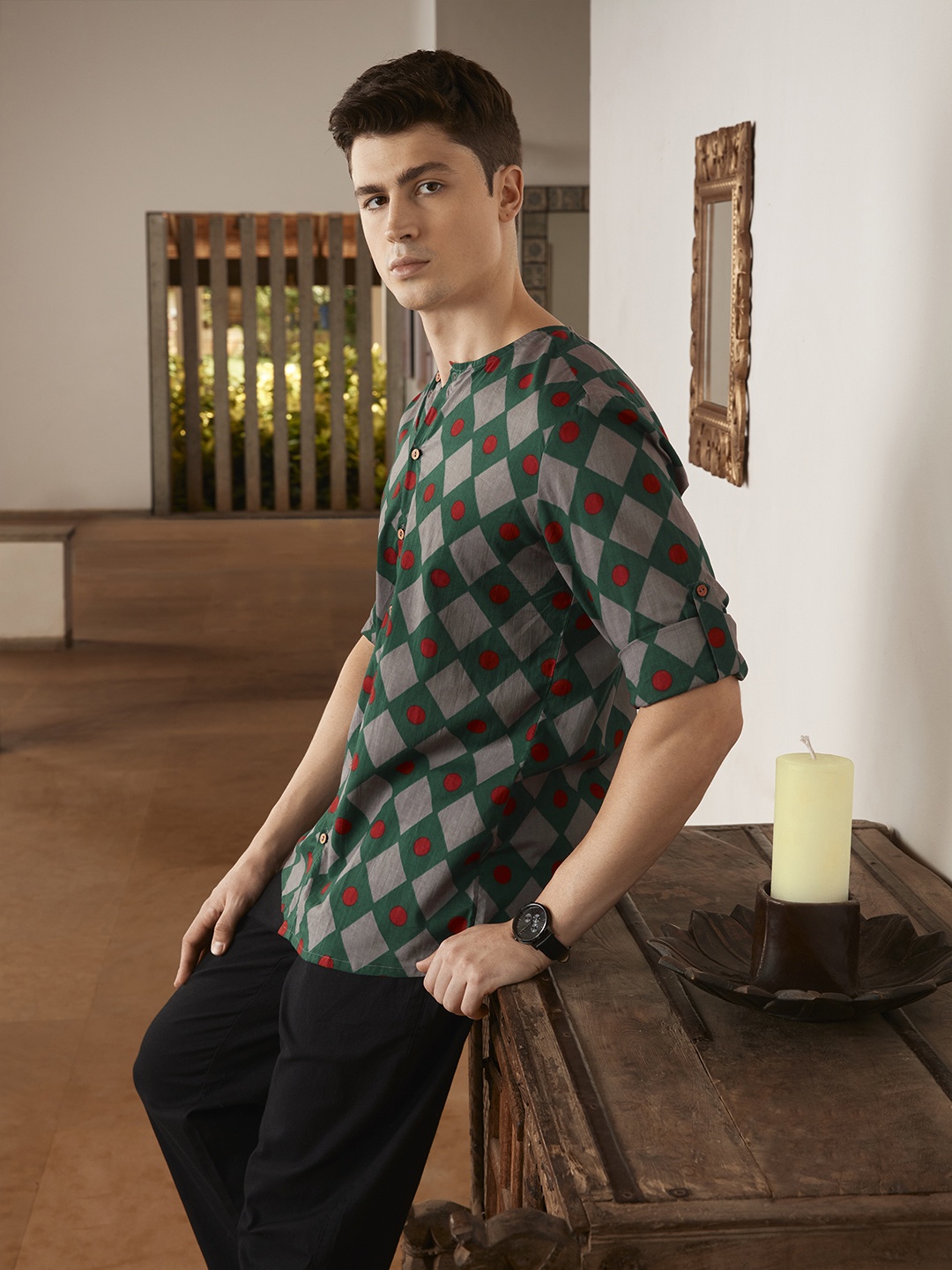 

Anouk Men Teal Green & Grey Geometric Printed Kurta