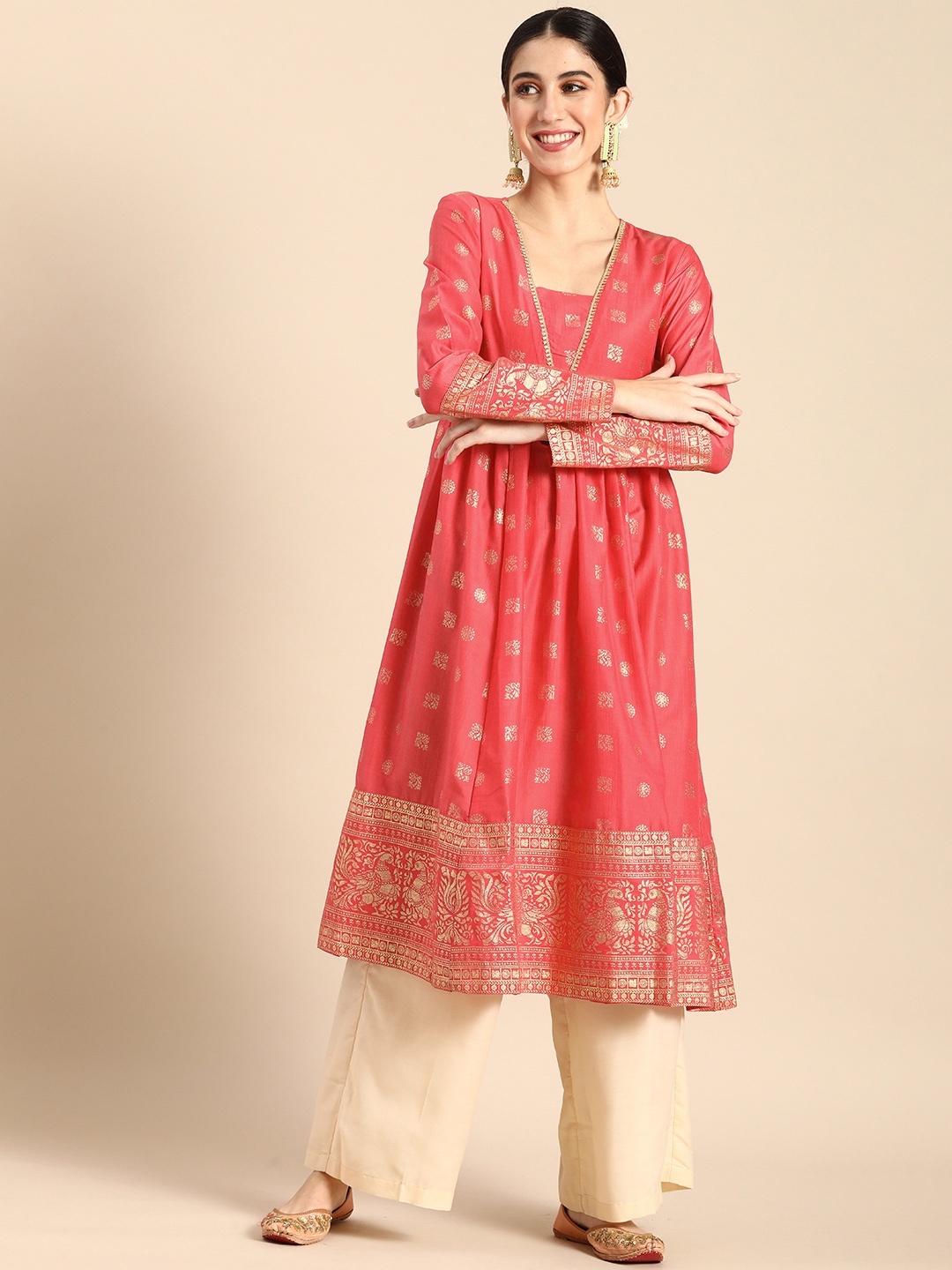 

Anouk Women Coral Pink & Gold-Toned Ethnic Motifs Woven Design Kurta