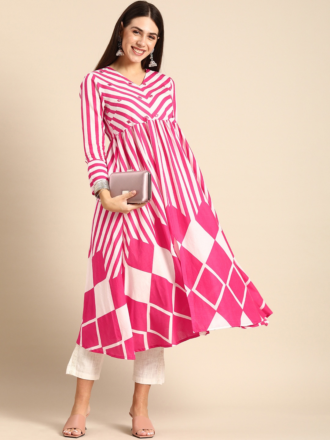 

Anouk Women Pink & White Geometric Printed Mirror Work Pure Cotton Anarkali Kurta