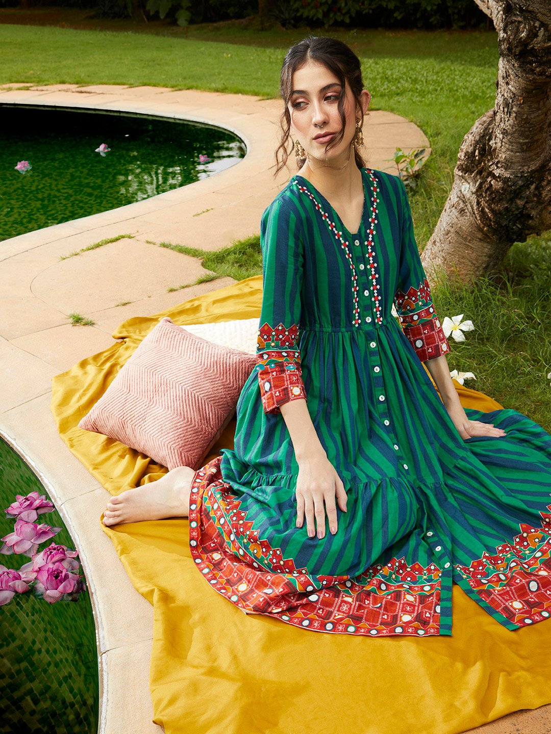 

Anouk Women Blue & Green Striped Anarkali Kurta