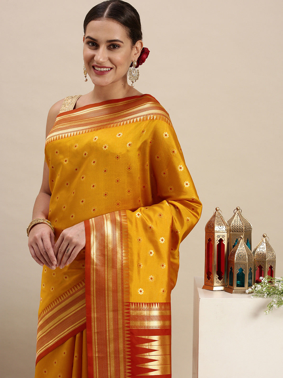 

Rudra Fashion Orange & Red Ethnic Motifs Silk Blend Banarasi Saree