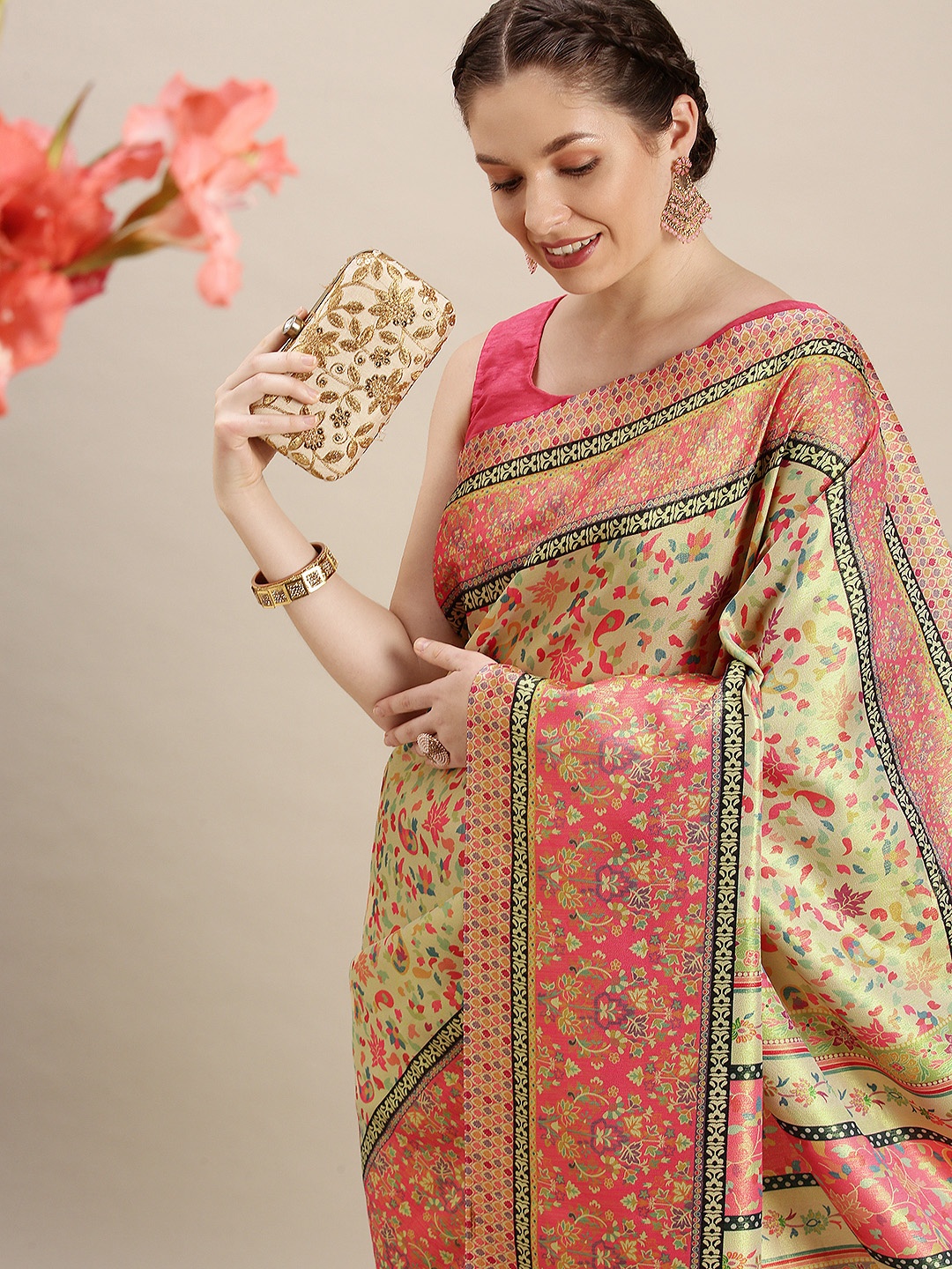 

Rudra Fashion Beige & Pink Floral Silk Blend Saree