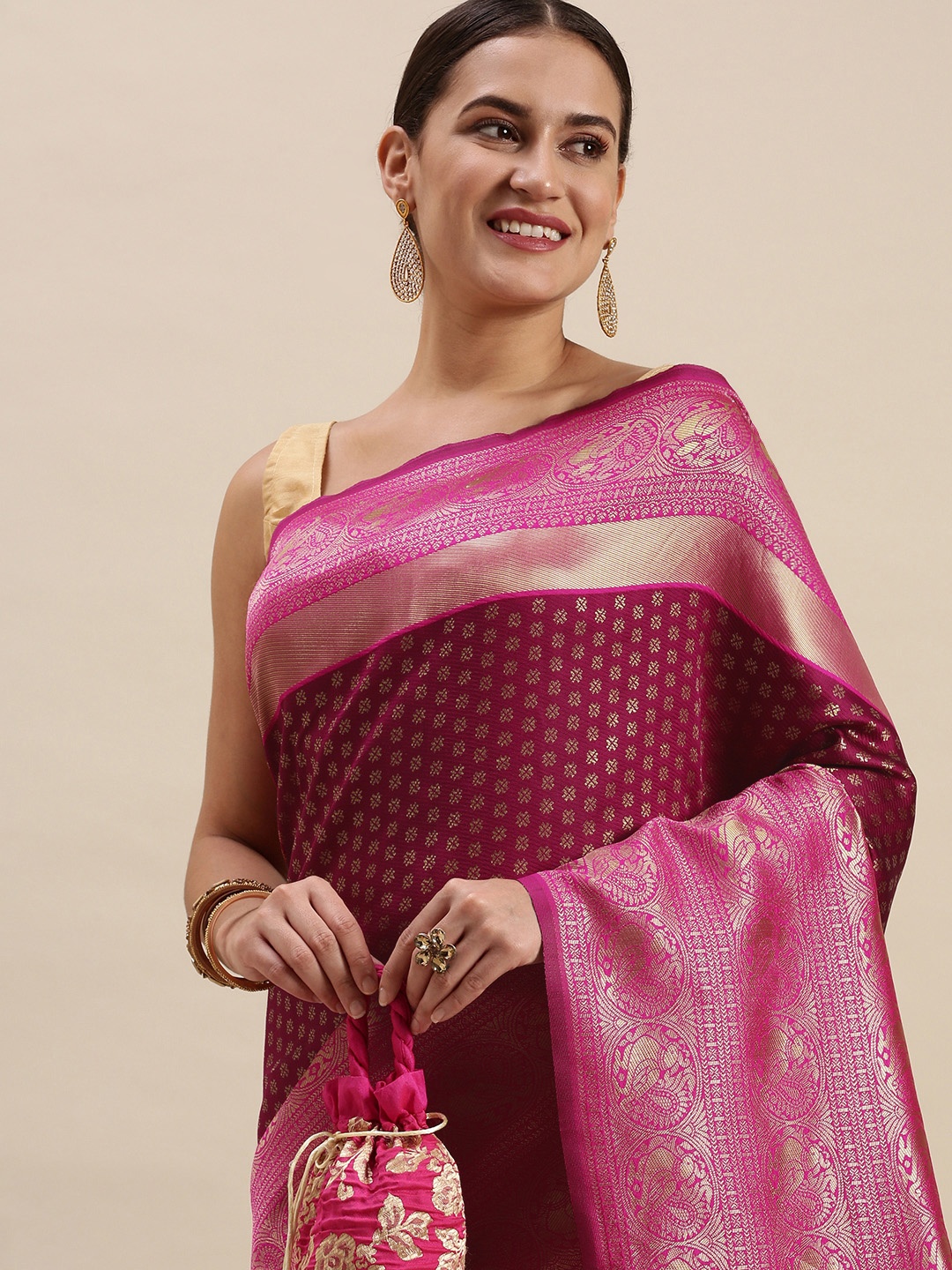 

Rudra Fashion Purple & Pink Ethnic Motifs Silk Blend Banarasi Saree