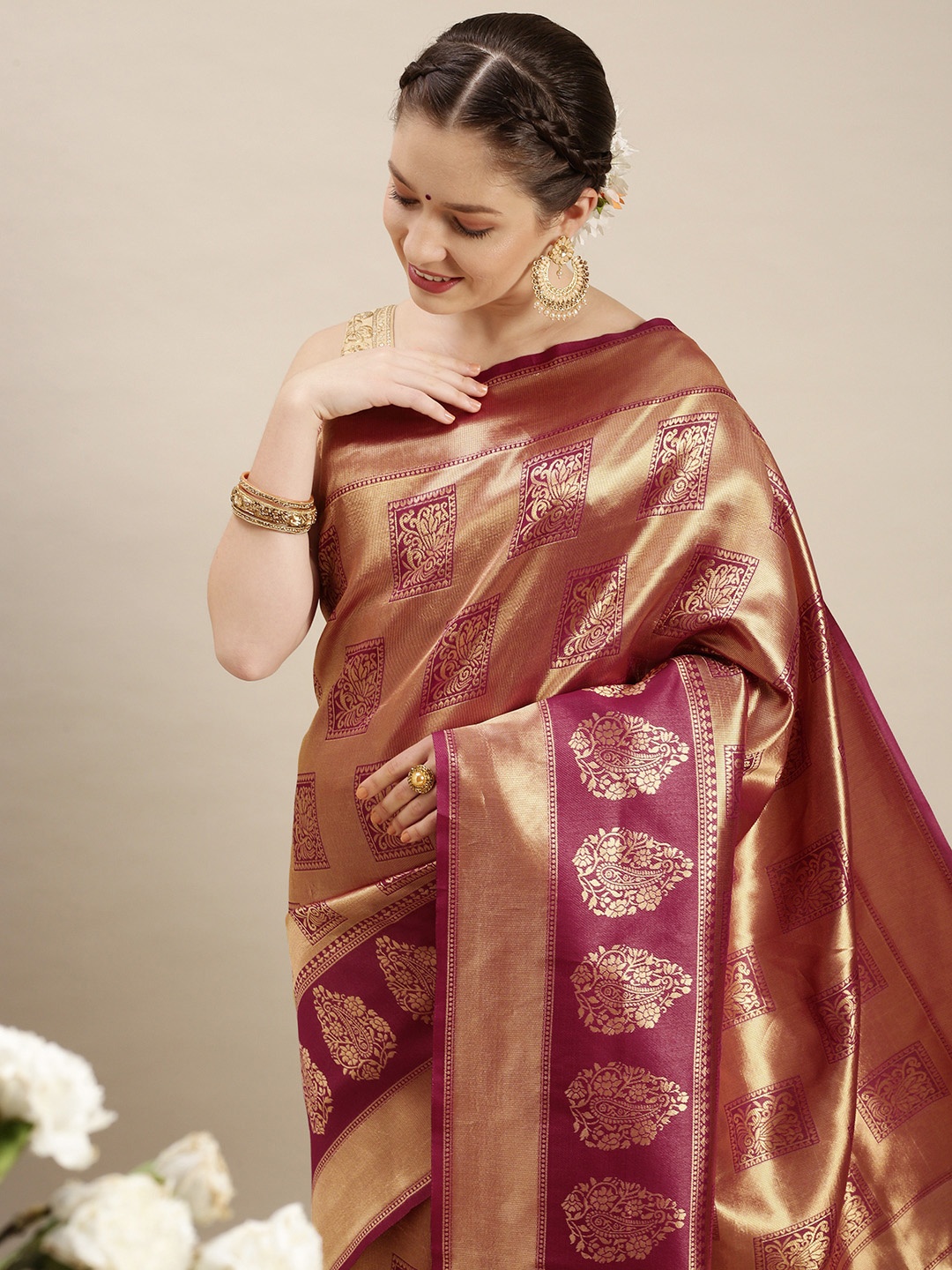 

Rudra Fashion Purple & Maroon Ethnic Motifs Silk Blend Banarasi Saree