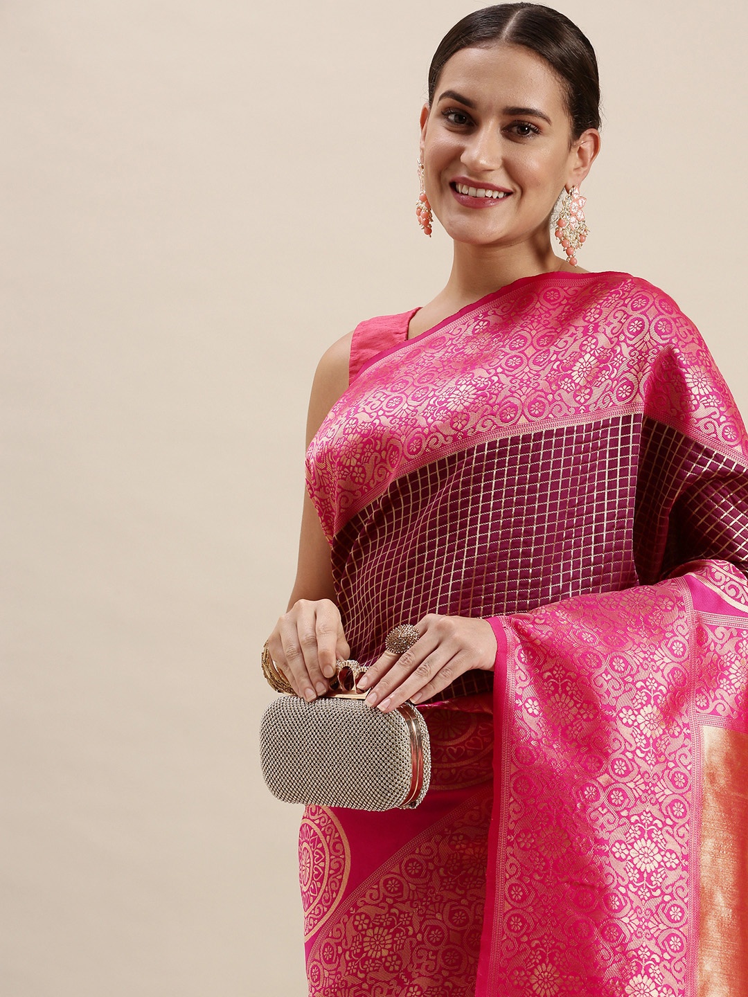 

Rudra Fashion Purple & Pink Ethnic Motifs Silk Blend Banarasi Saree