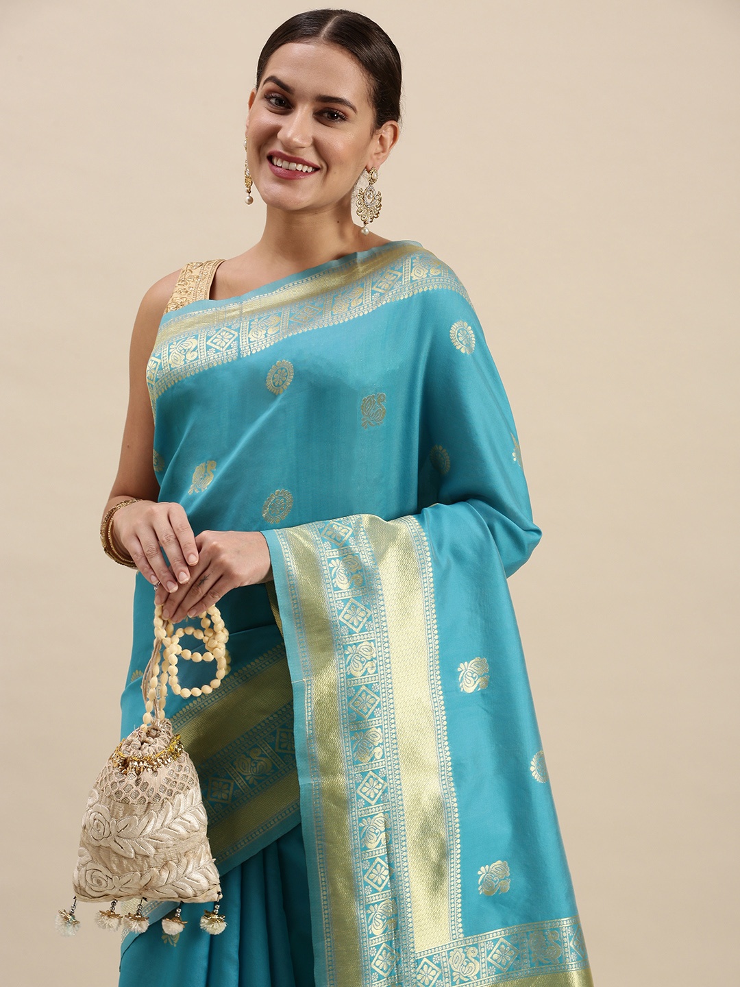 

Rudra Fashion Blue & Gold-Toned Ethnic Motifs Silk Blend Banarasi Saree