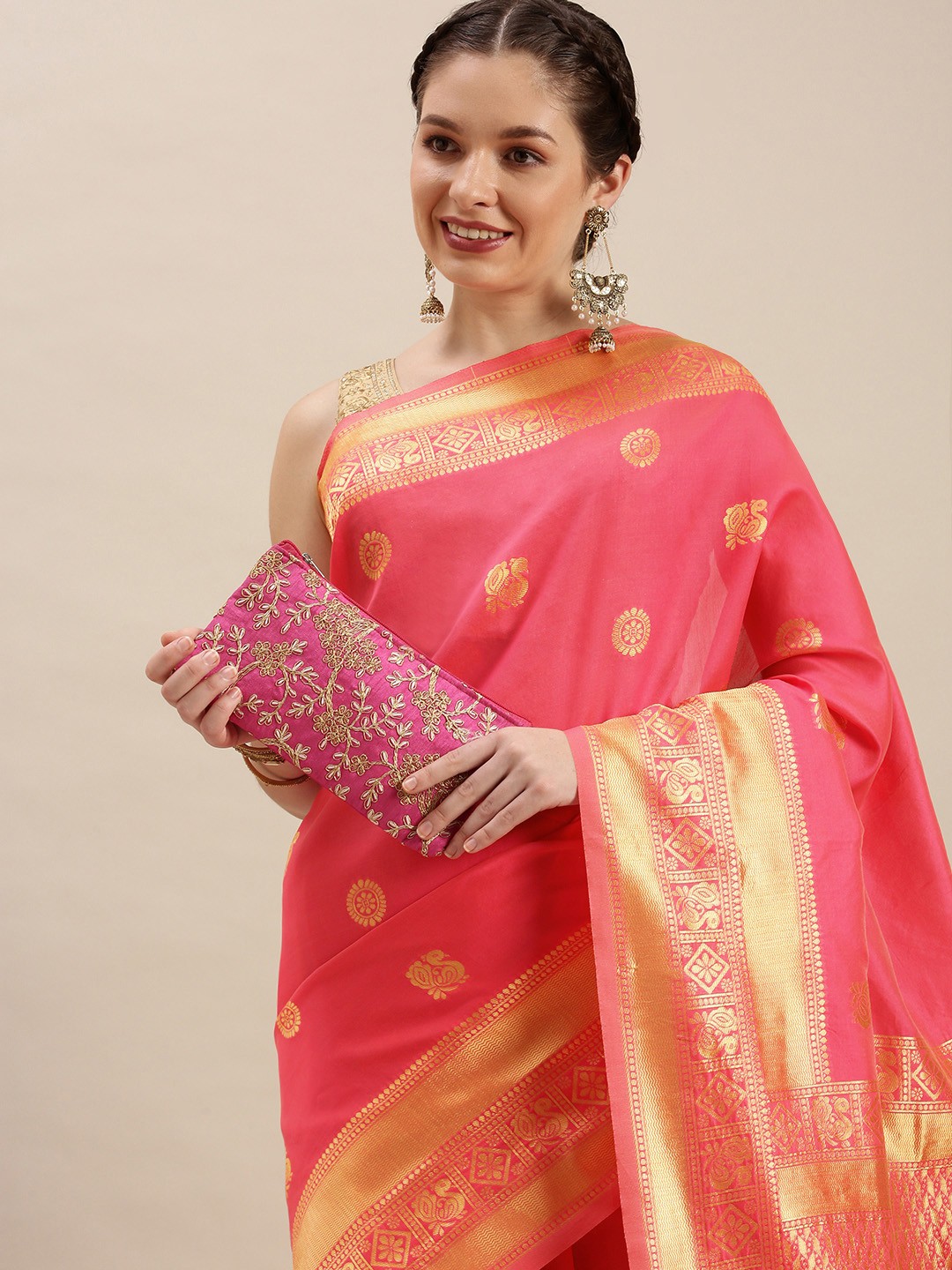 

Rudra Fashion Pink & Gold-Toned Ethnic Motifs Silk Blend Banarasi Saree