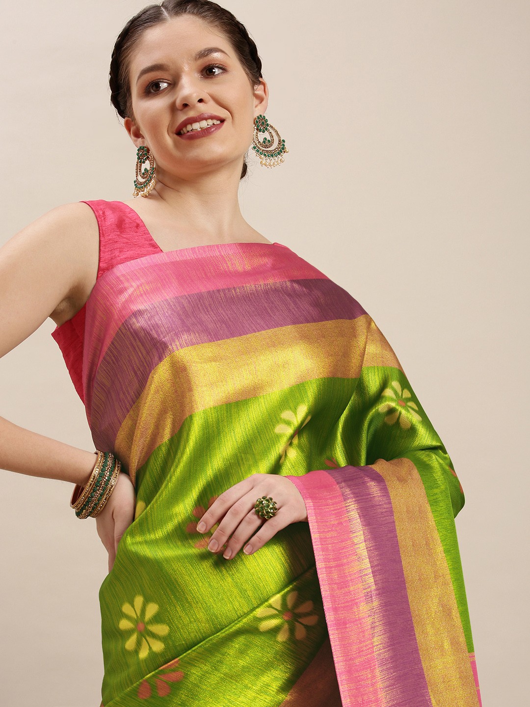 

Rudra Fashion Green & Pink Floral Silk Blend Saree