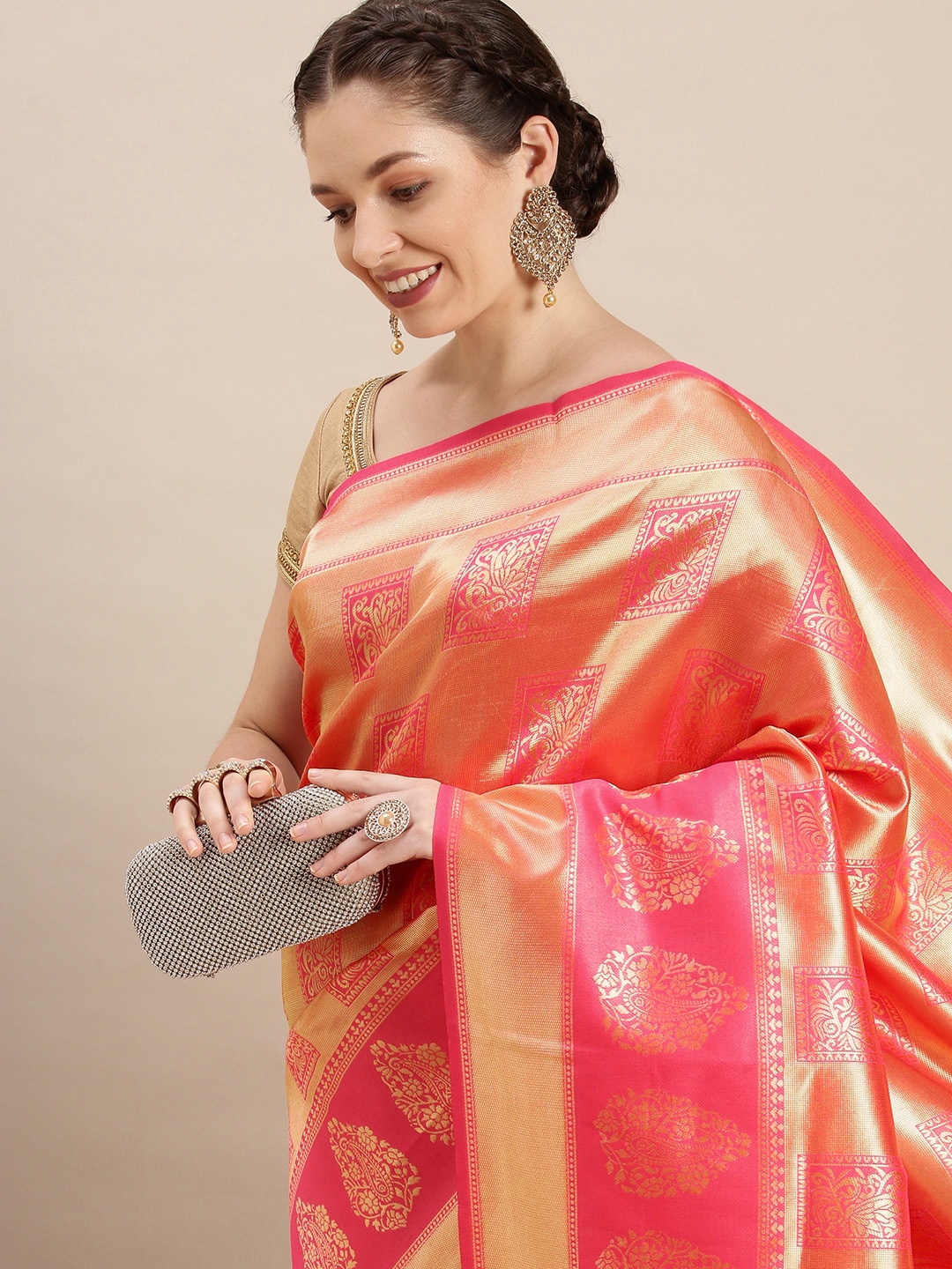 

Rudra Fashion Pink & Gold-Toned Ethnic Motifs Silk Blend Banarasi Saree