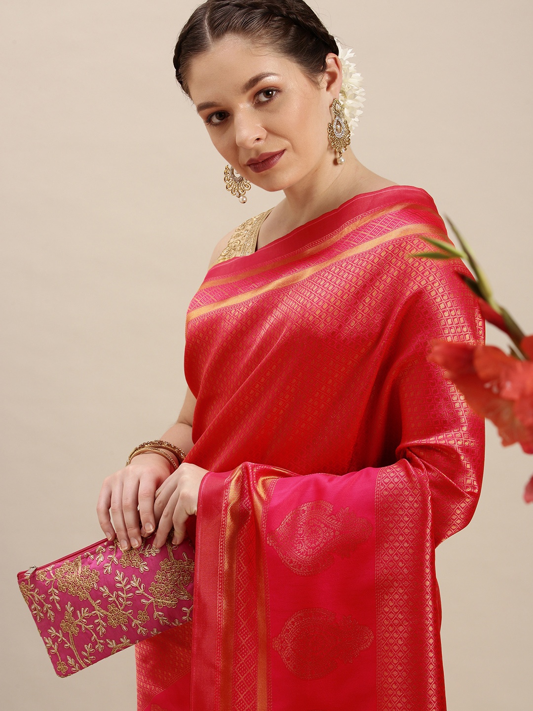 

Rudra Fashion Pink & Gold-Toned Ethnic Motifs Silk Blend Banarasi Saree