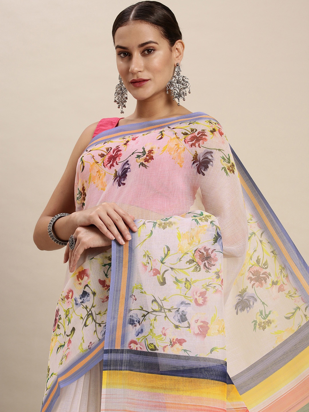 

Rudra Fashion White & Green Floral Linen Blend Saree