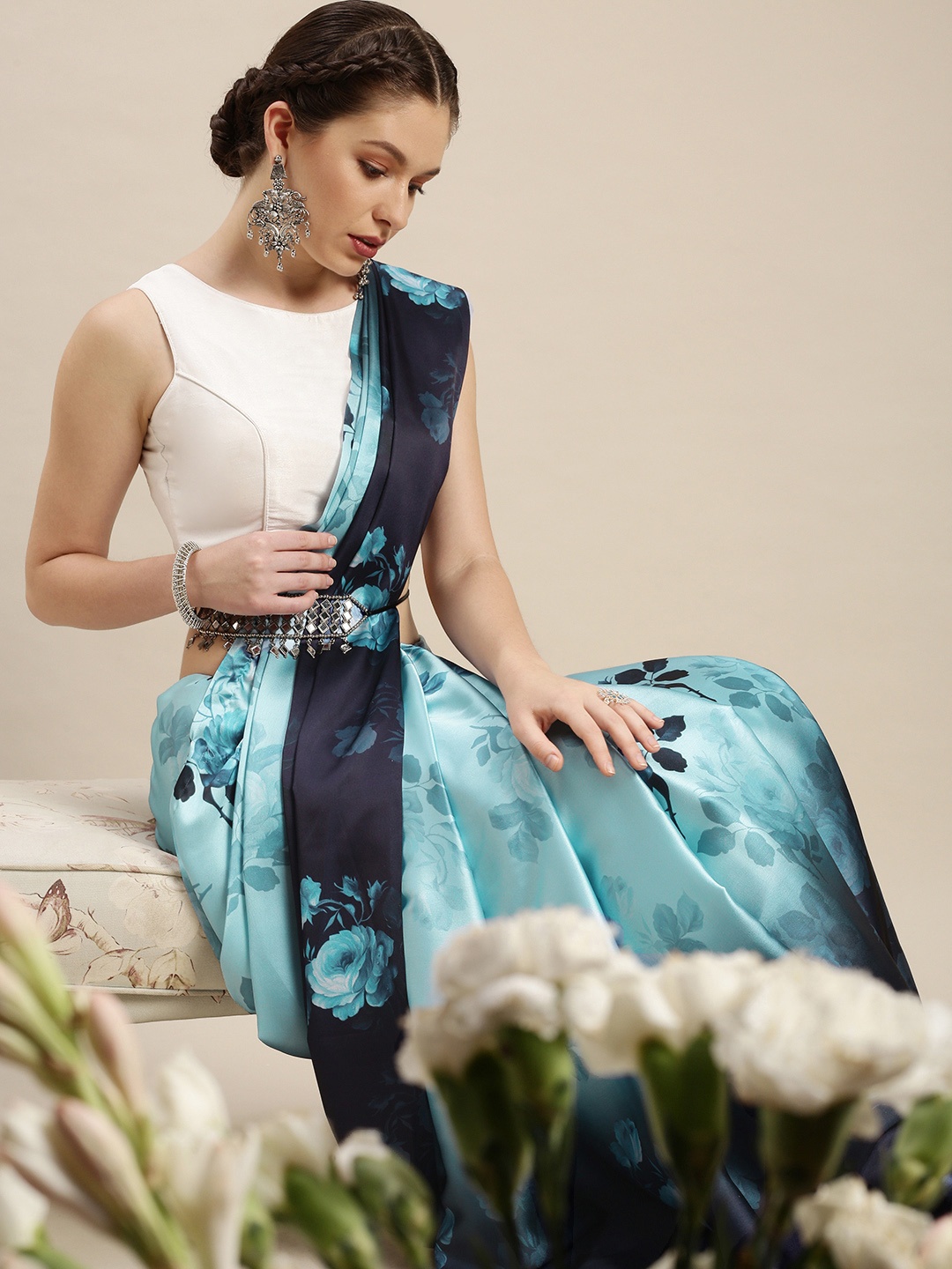 

Rudra Fashion Blue Floral Satin Saree