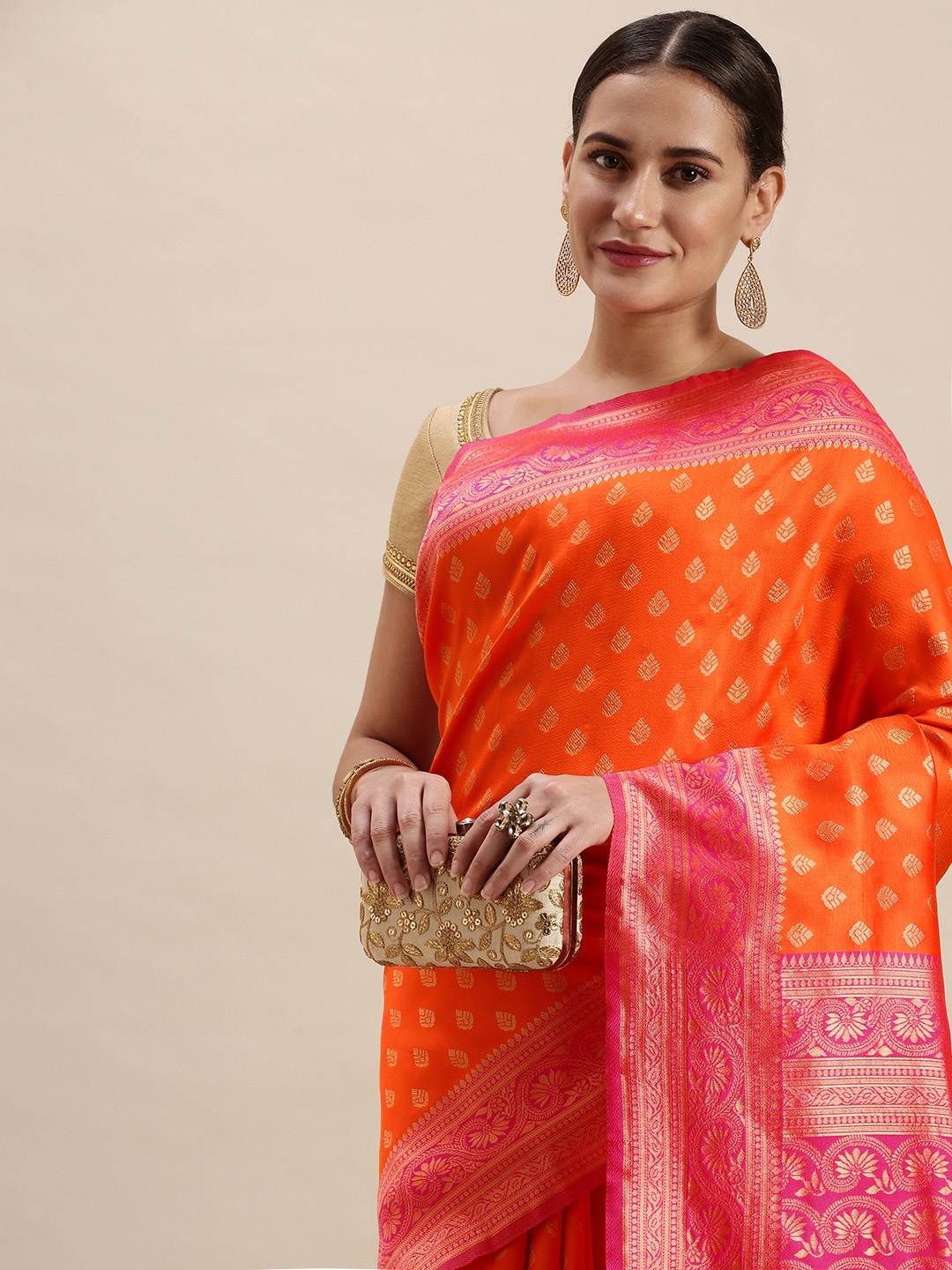 

Rudra Fashion Orange & Pink Ethnic Motifs Silk Blend Banarasi Saree